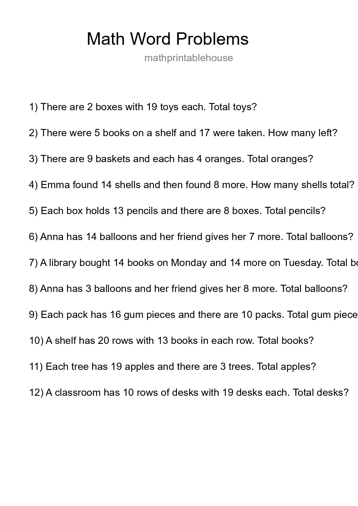 Math Word Problem Worksheet