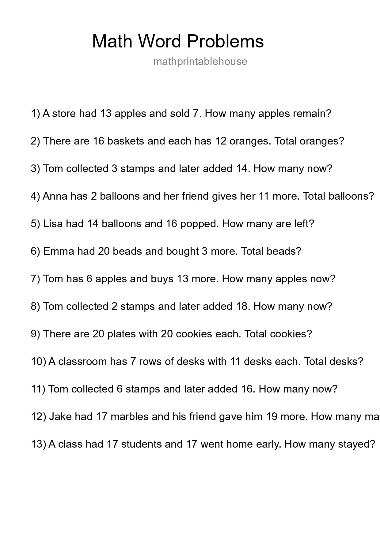Math Word Problem Worksheet