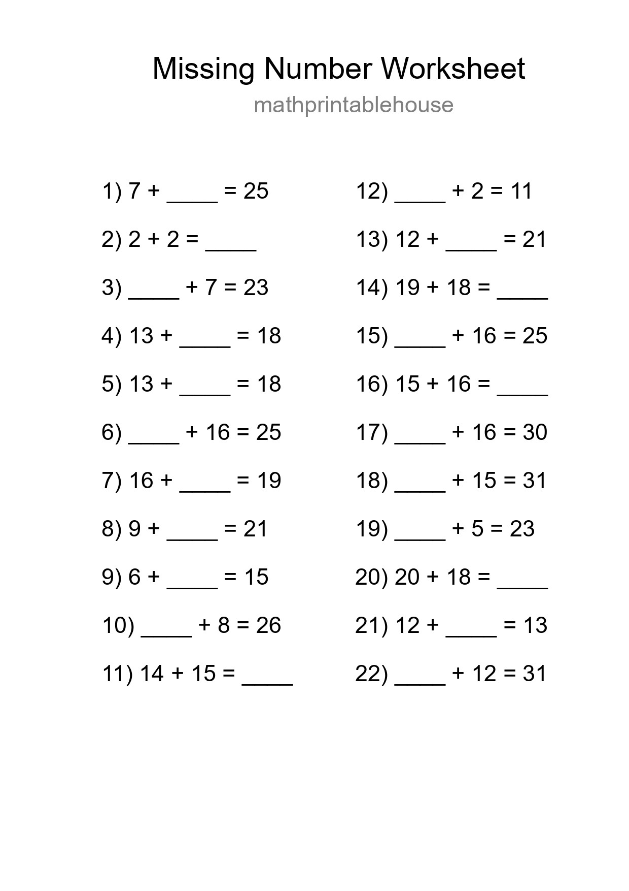 Missing Number Math Worksheet