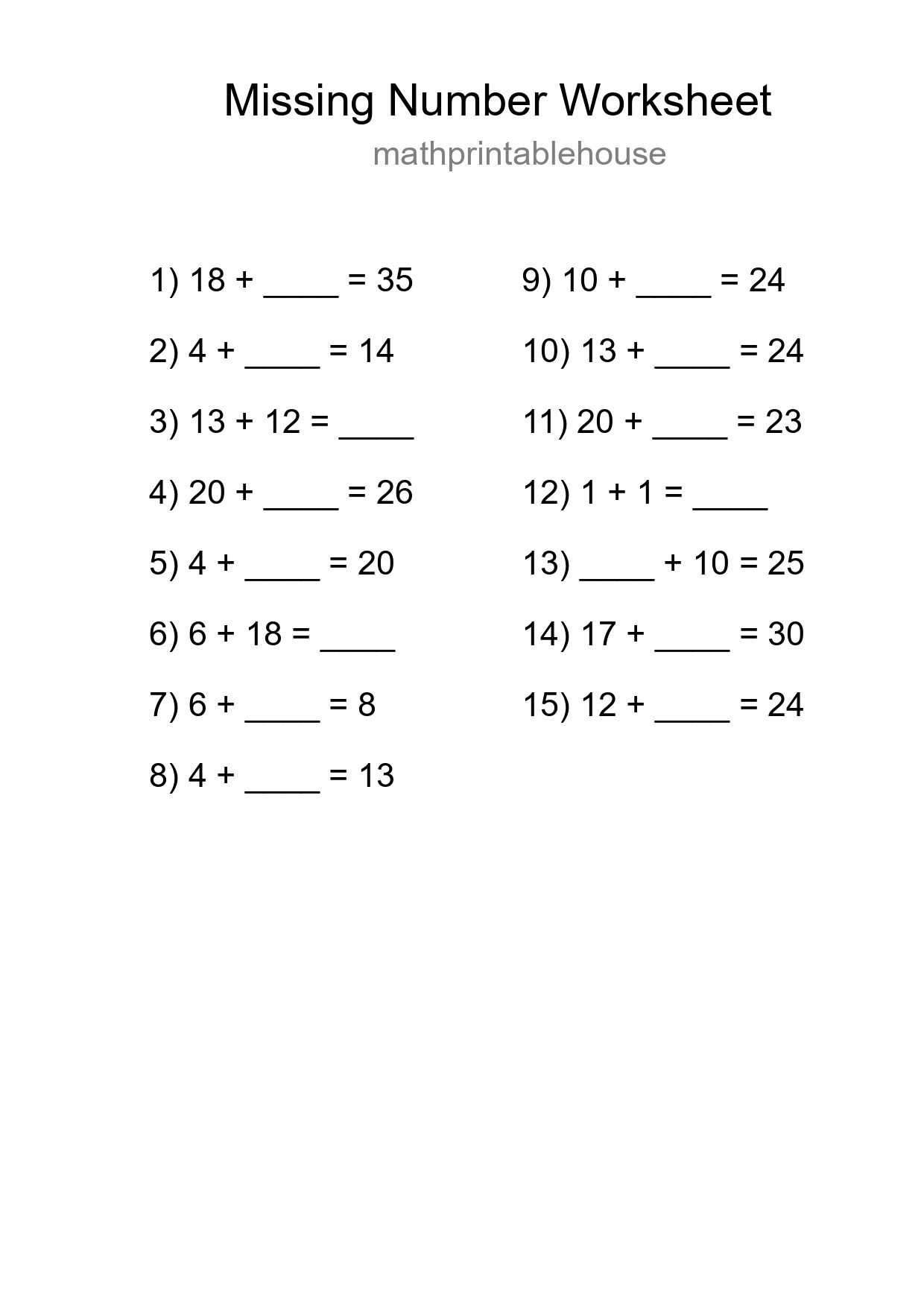 Missing Number Math Worksheet