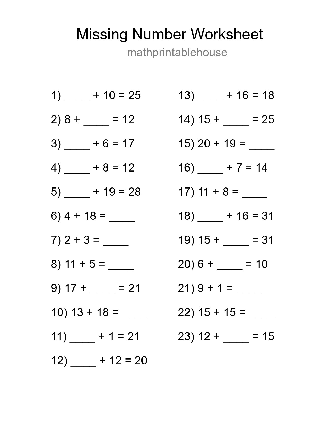 Missing Number Math Worksheet