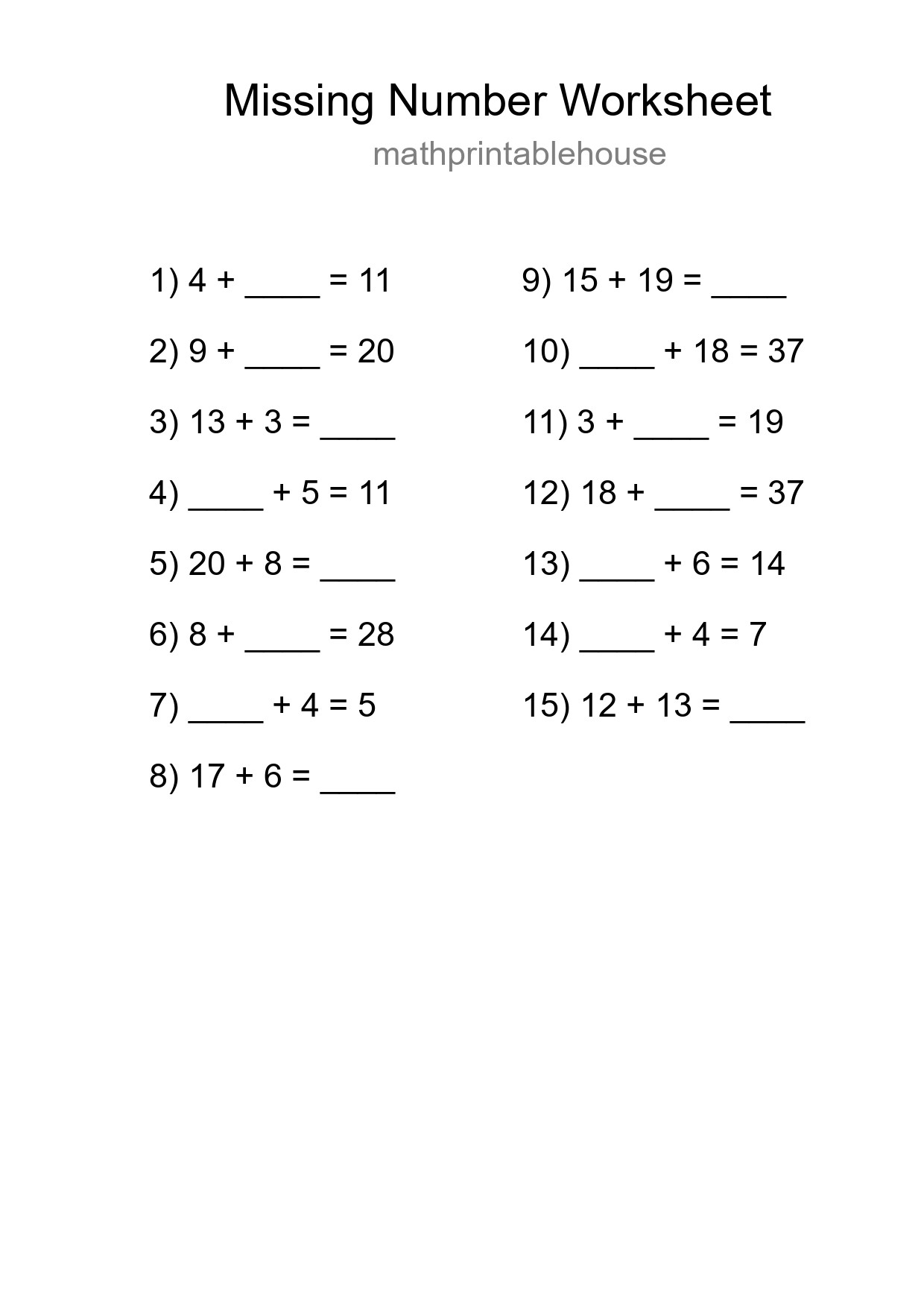 Missing Number Math Worksheet