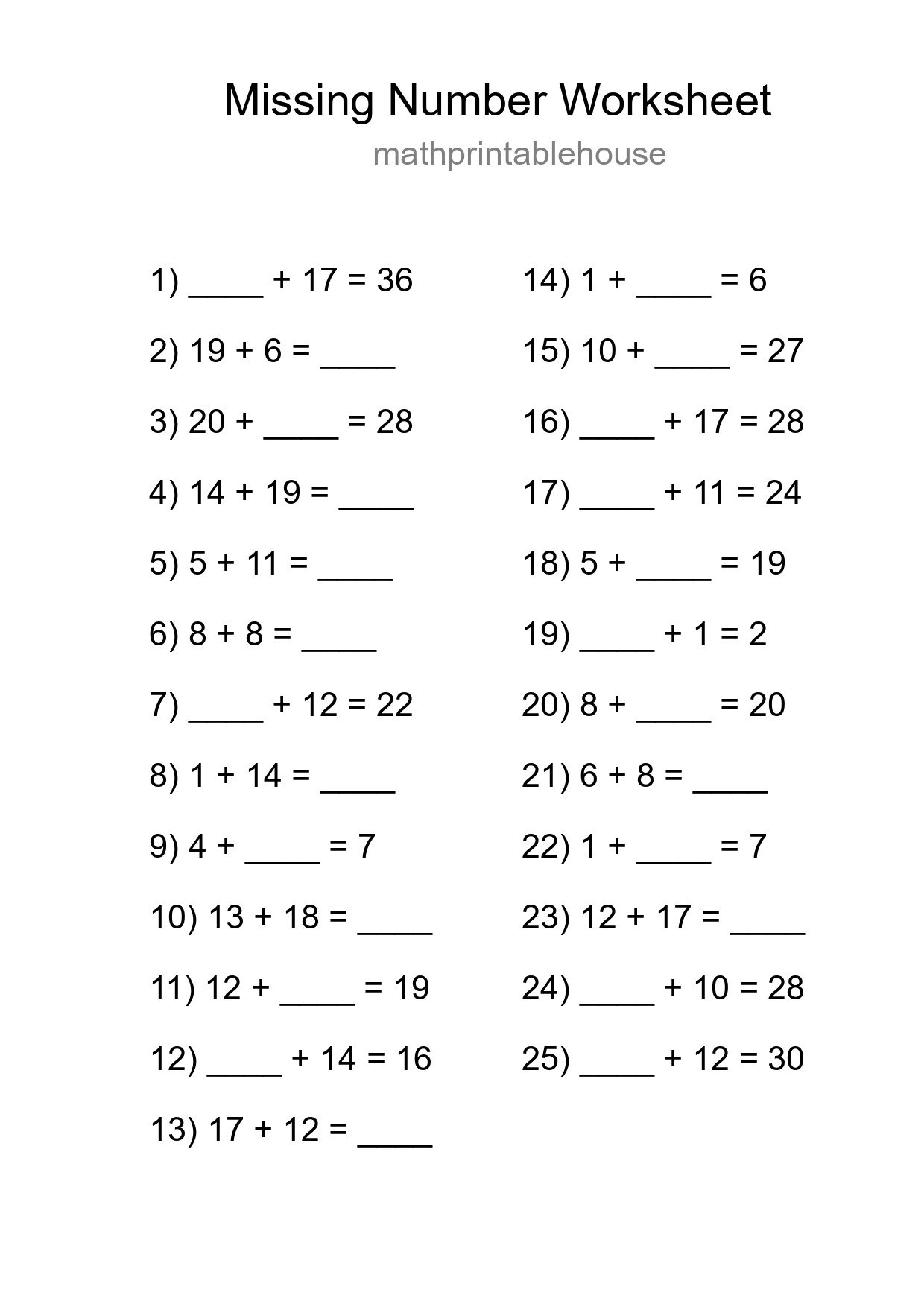 Missing Number Math Worksheet