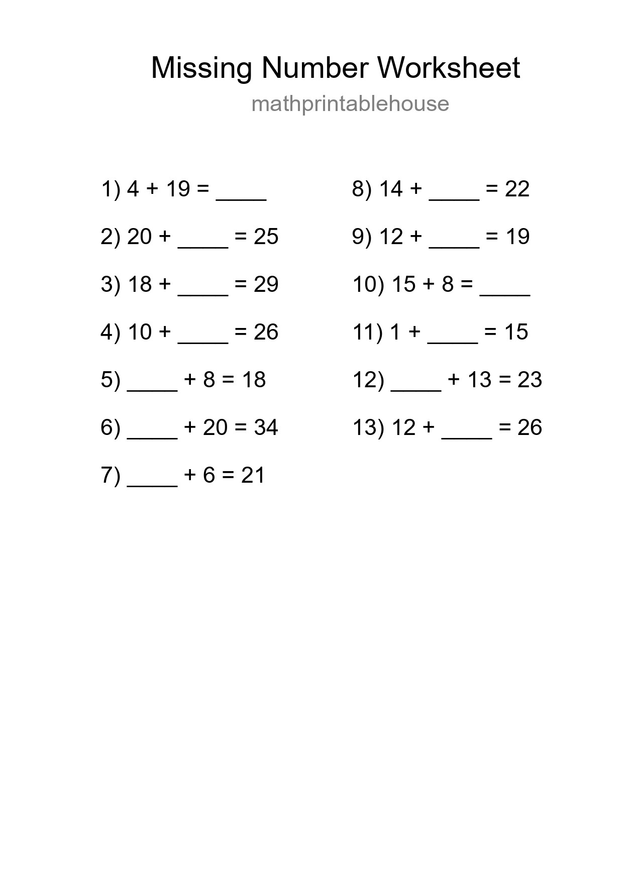 Missing Number Math Worksheet