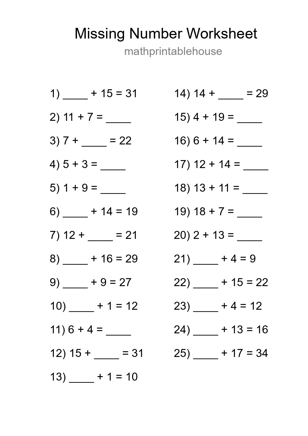 Missing Number Math Worksheet