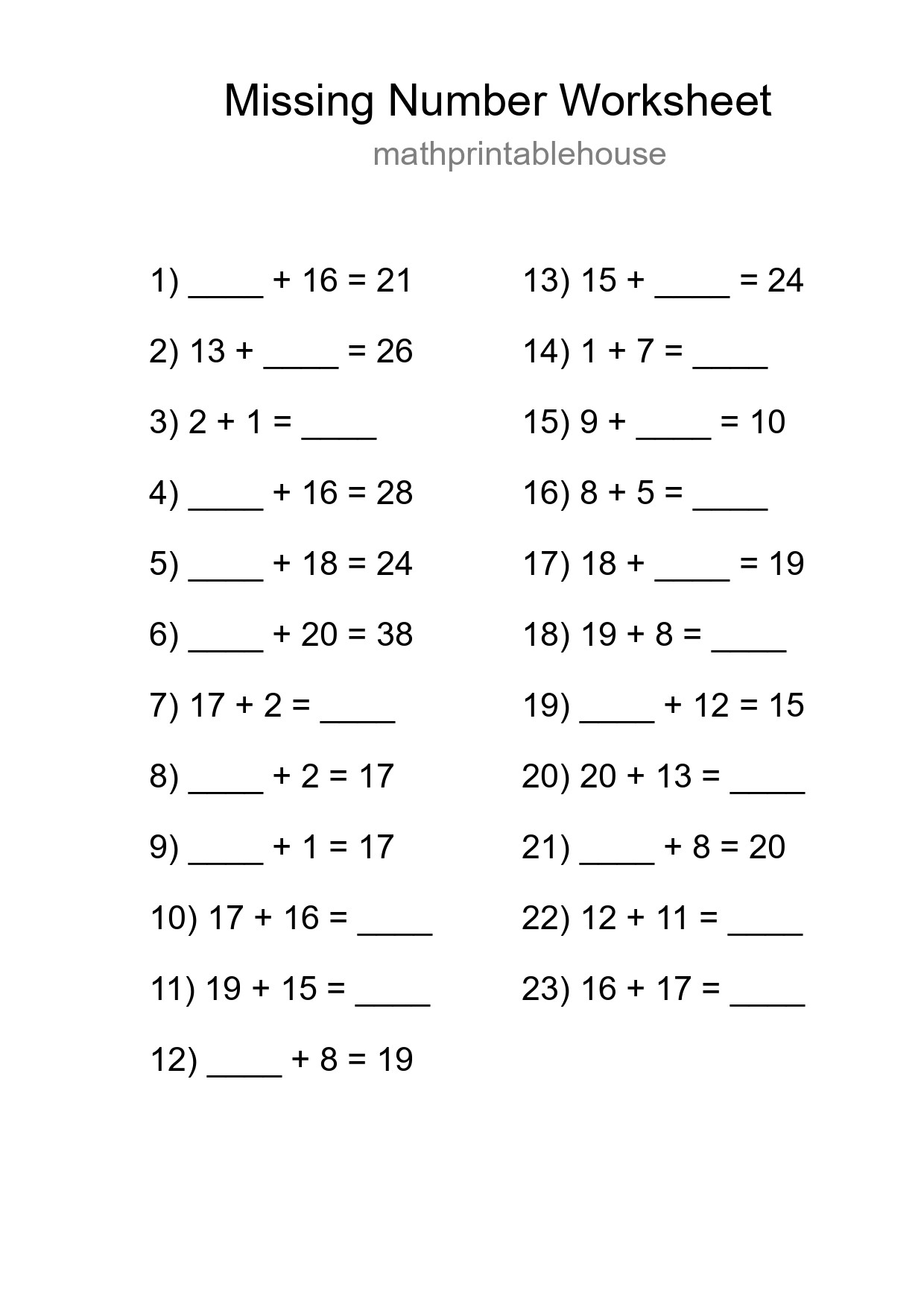 Missing Number Math Worksheet