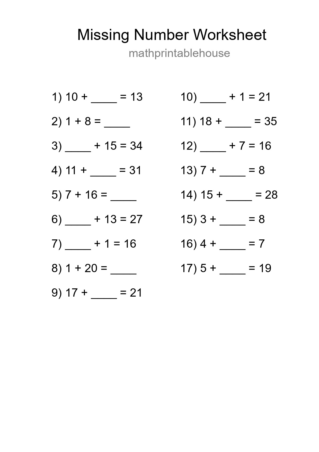 Missing Number Math Worksheet
