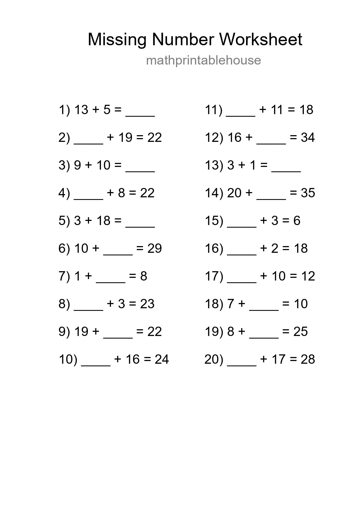 Missing Number Math Worksheet