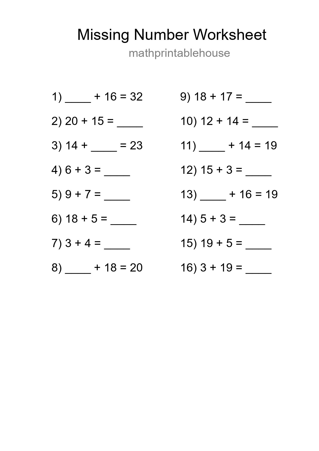 Missing Number Math Worksheet