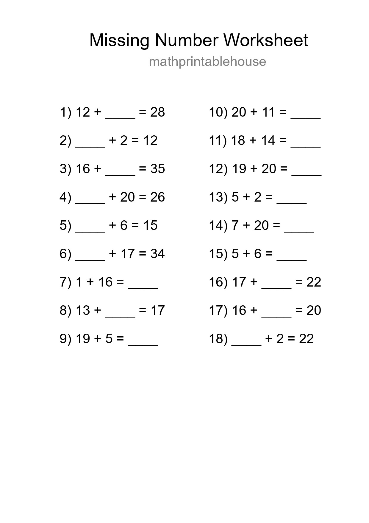 Missing Number Math Worksheet