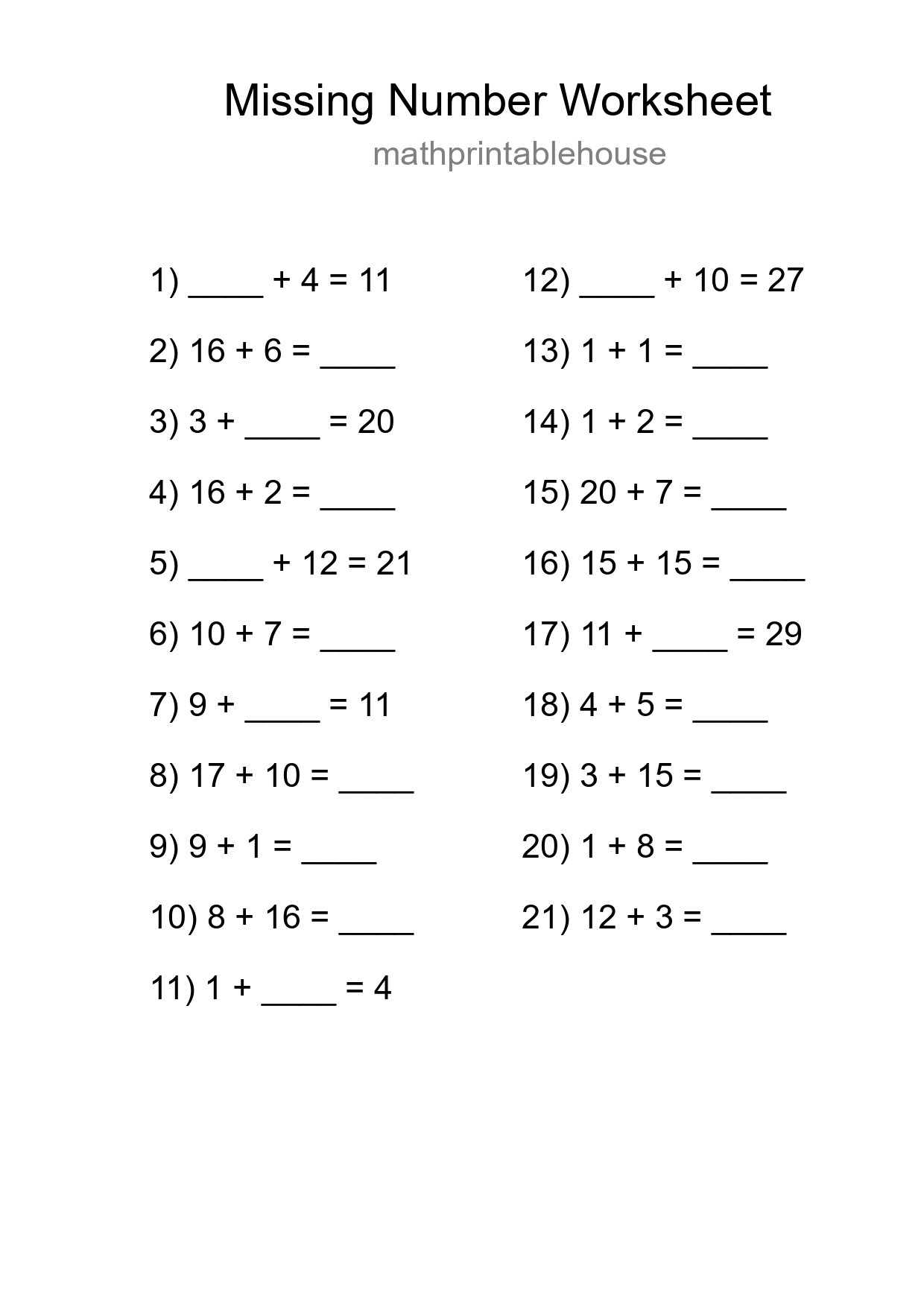 Missing Number Math Worksheet