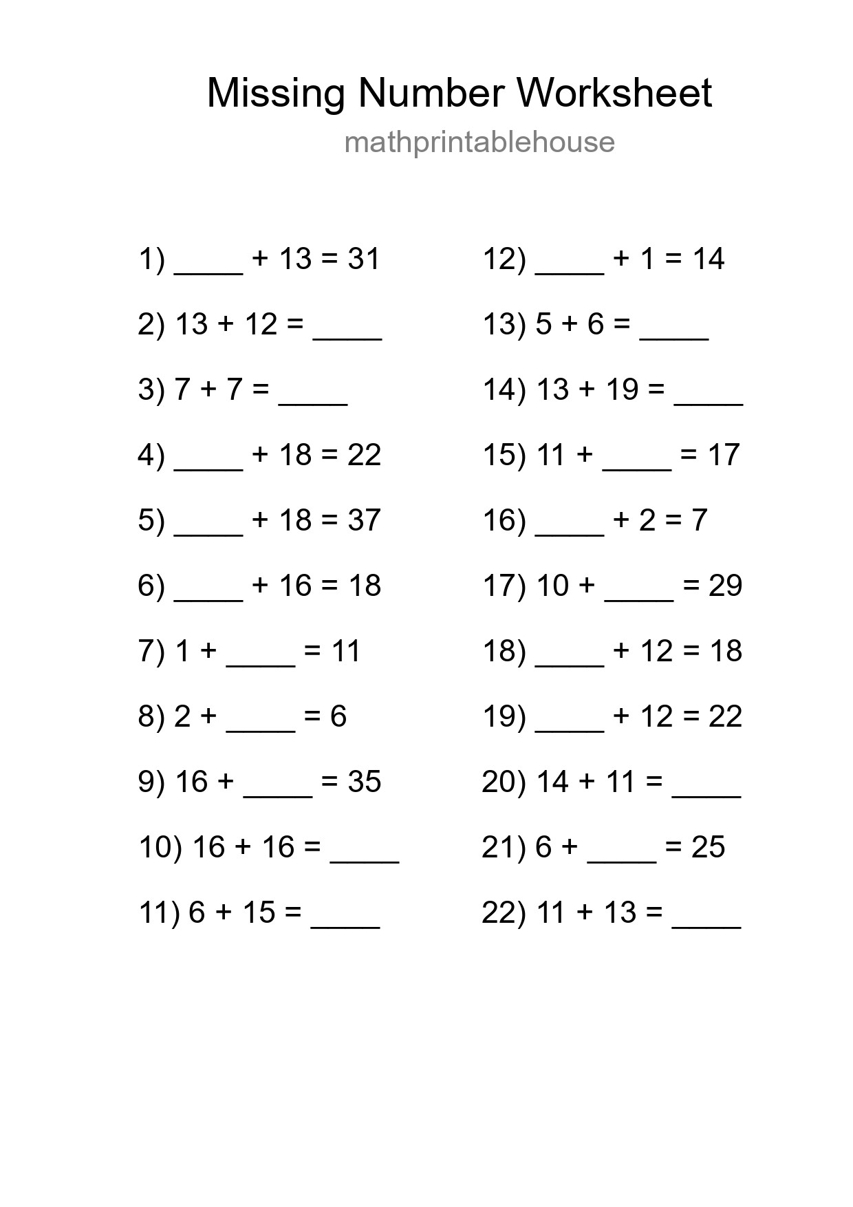 Missing Number Math Worksheet