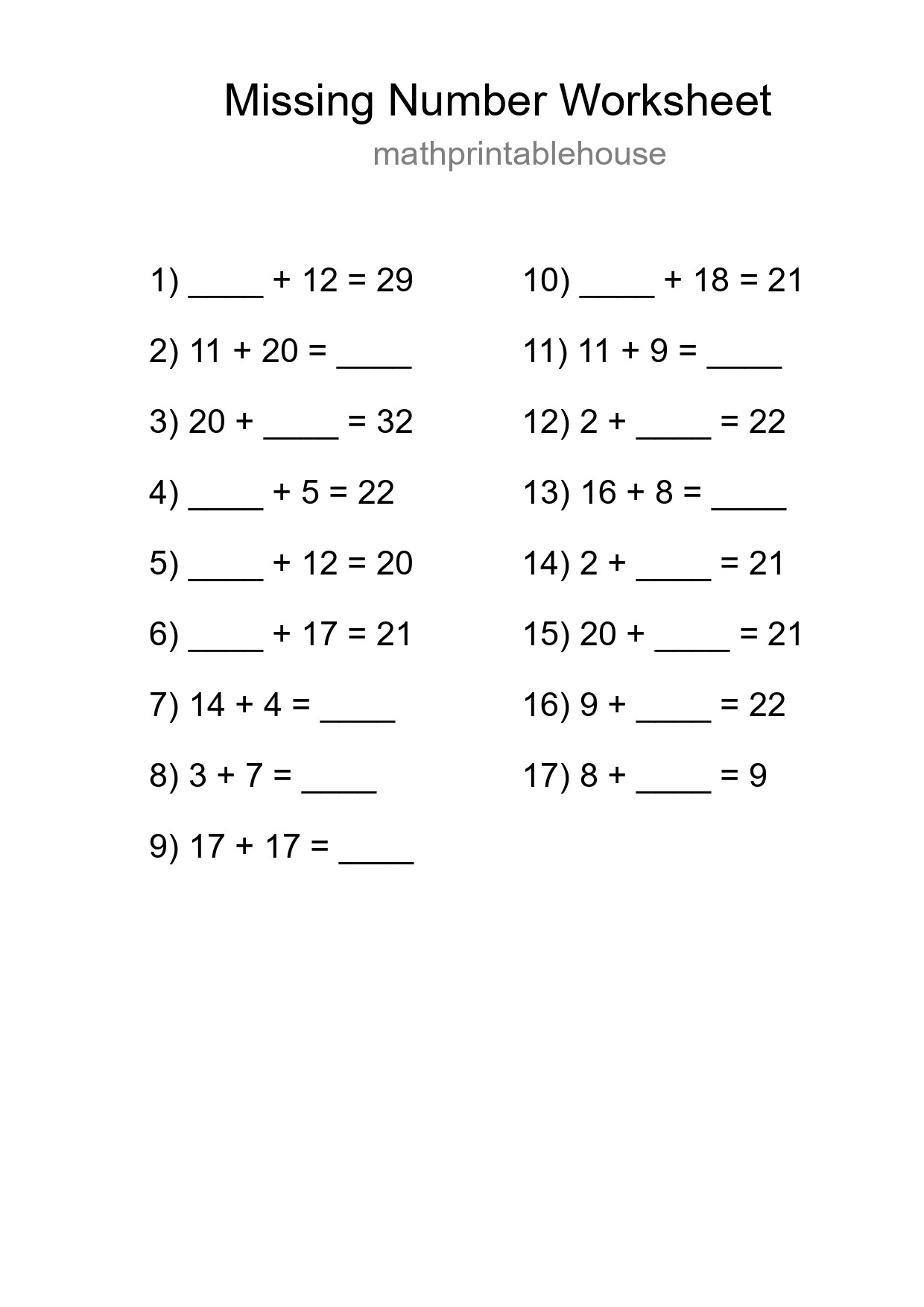 Missing Number Math Worksheet