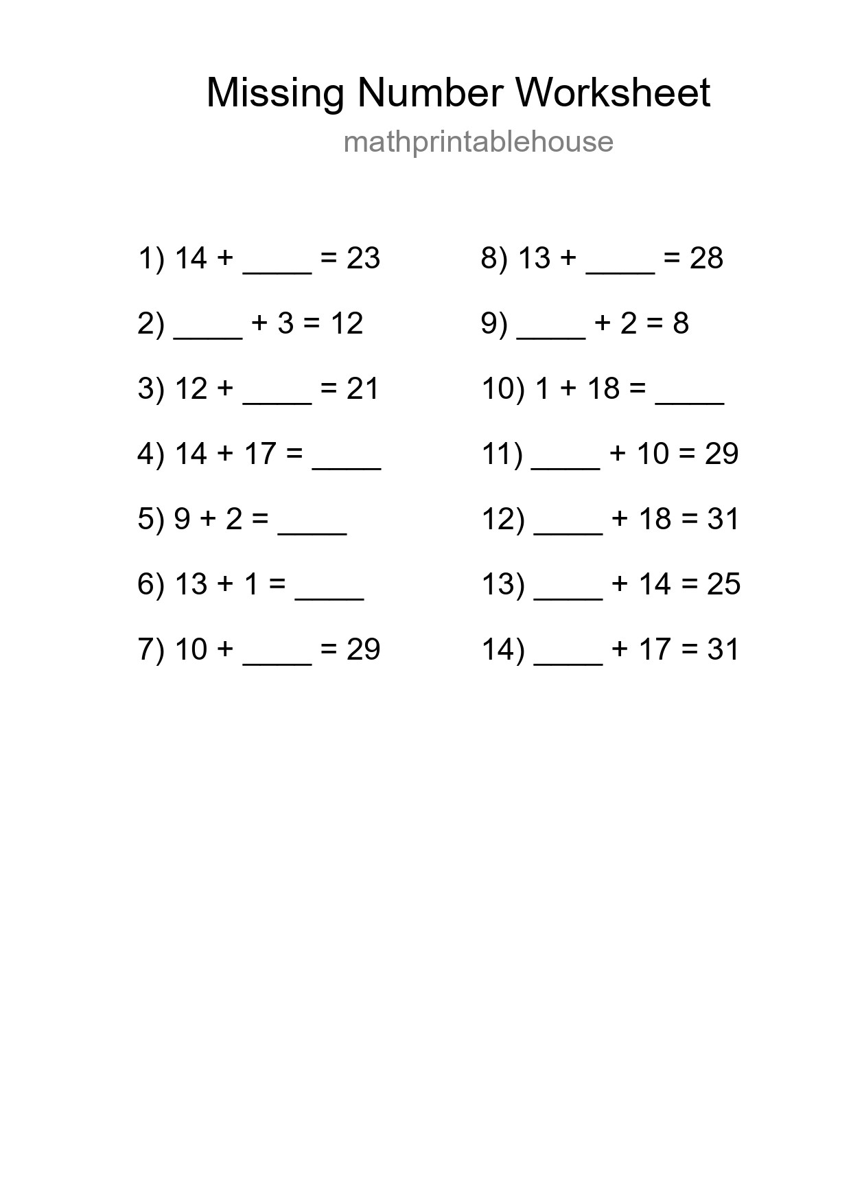 Missing Number Math Worksheet