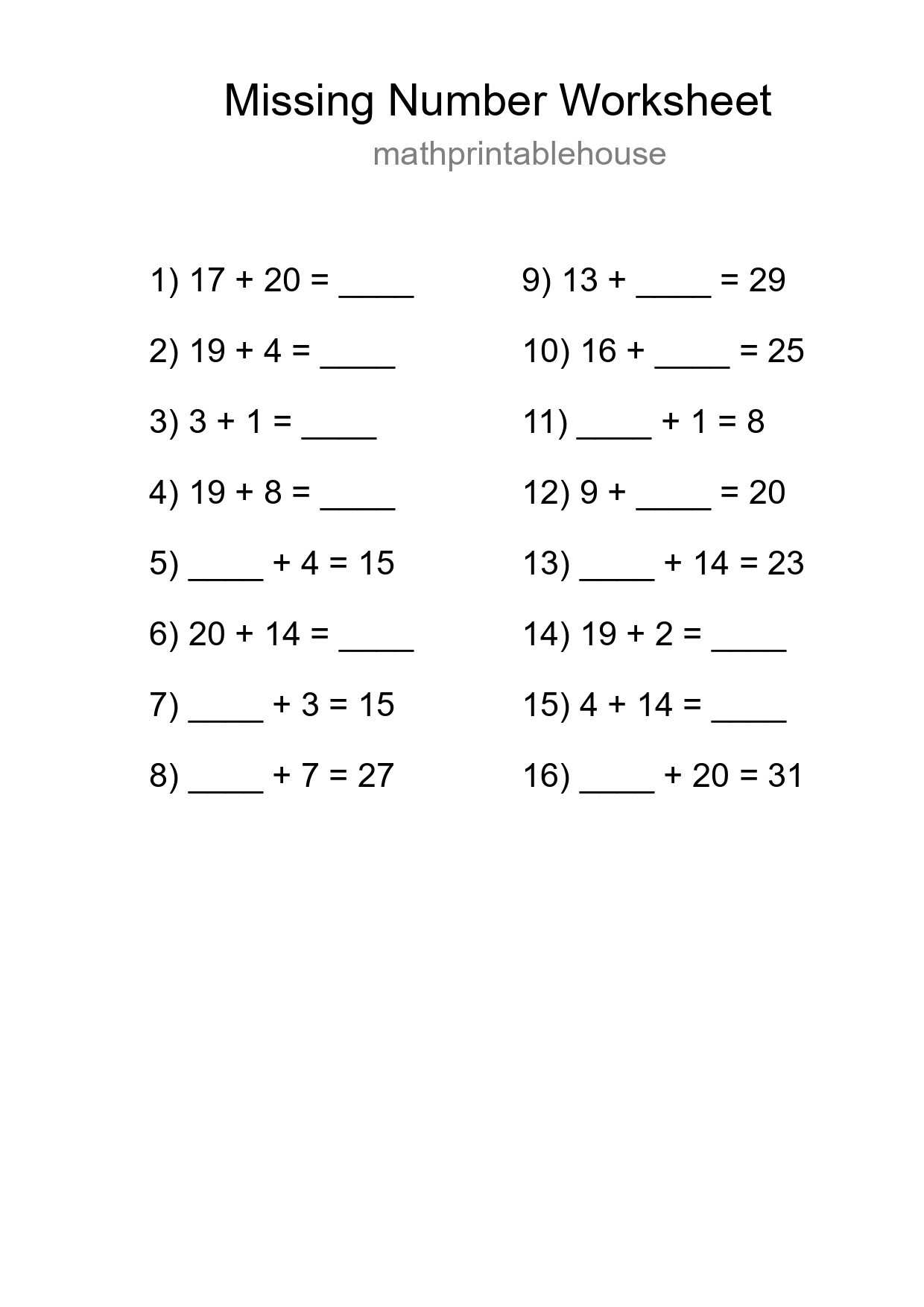 Missing Number Math Worksheet