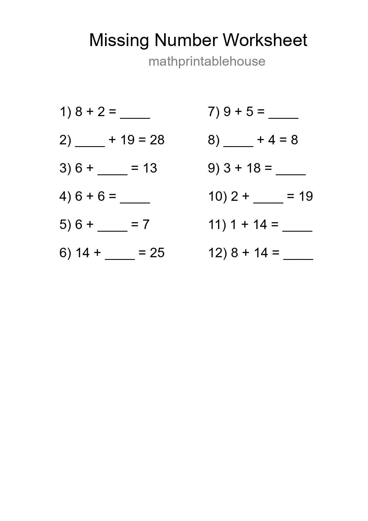Missing Number Math Worksheet