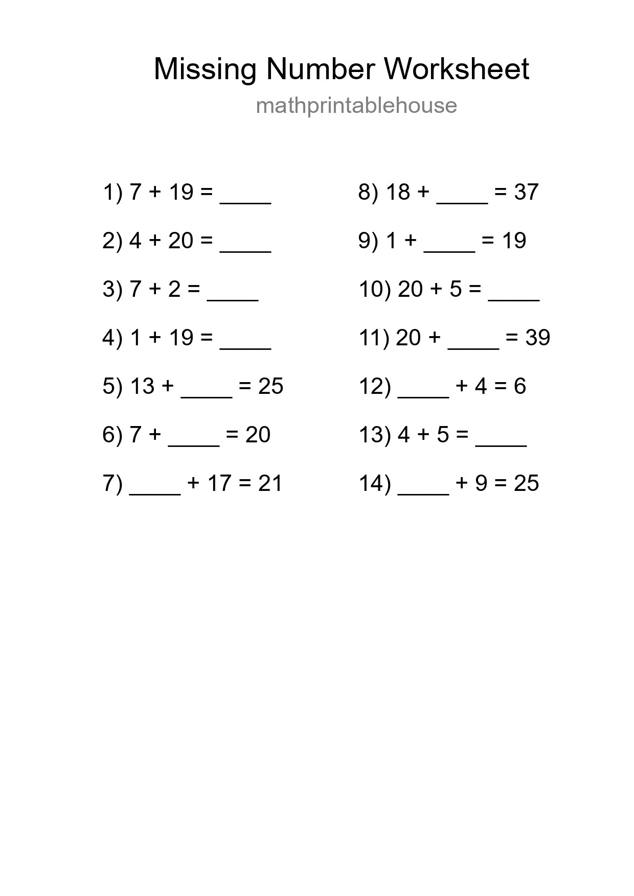 Missing Number Math Worksheet