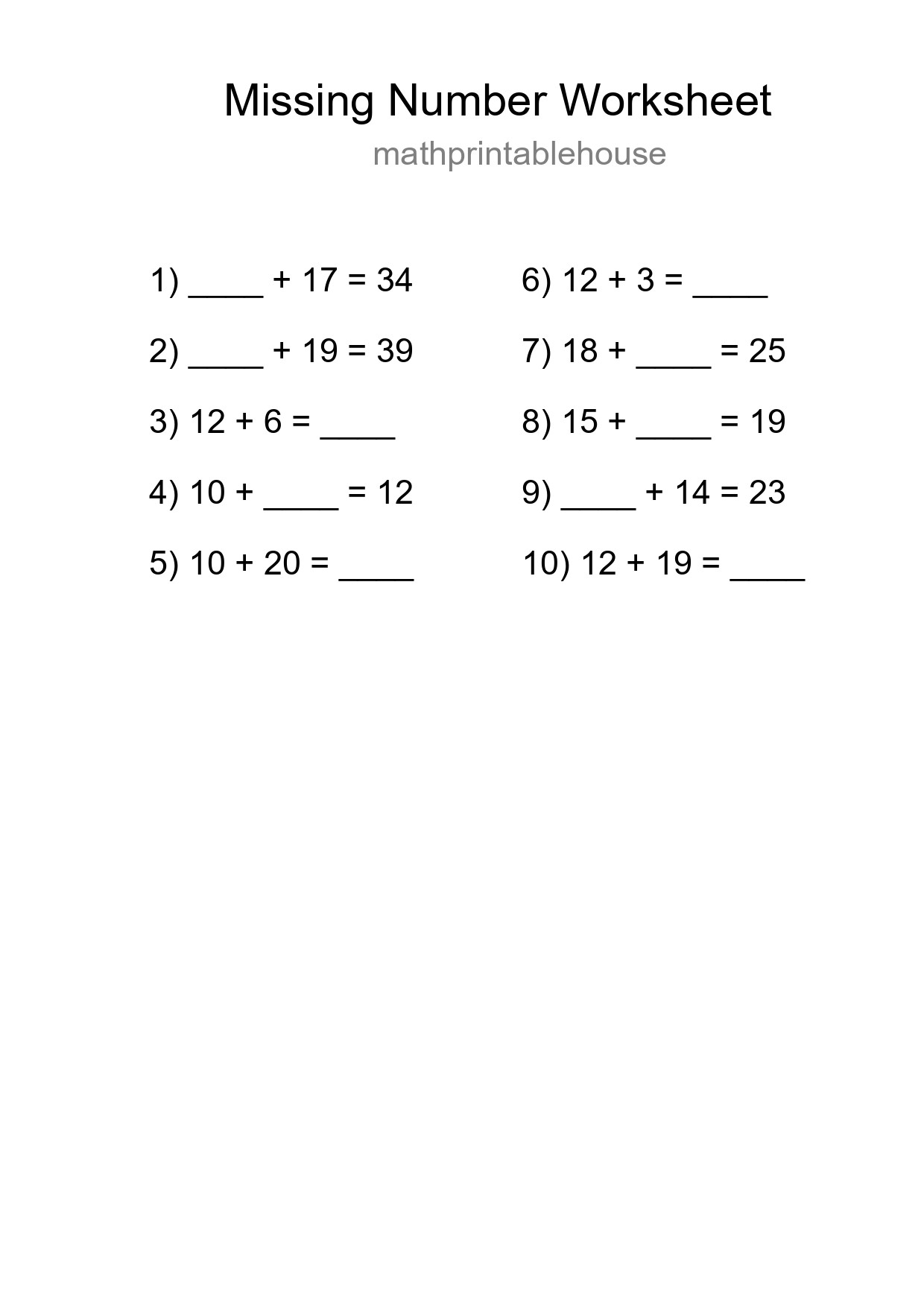 Missing Number Math Worksheet
