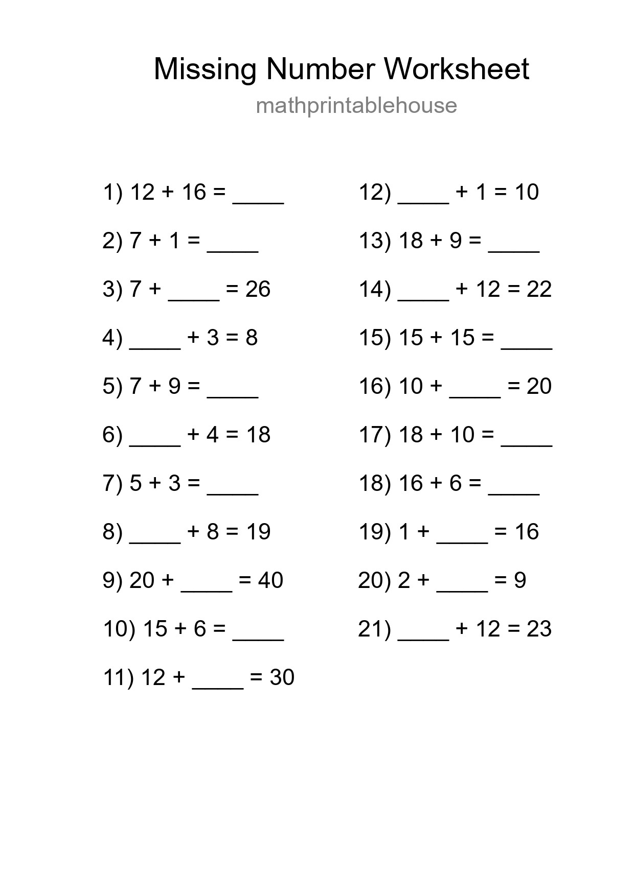 Missing Number Math Worksheet