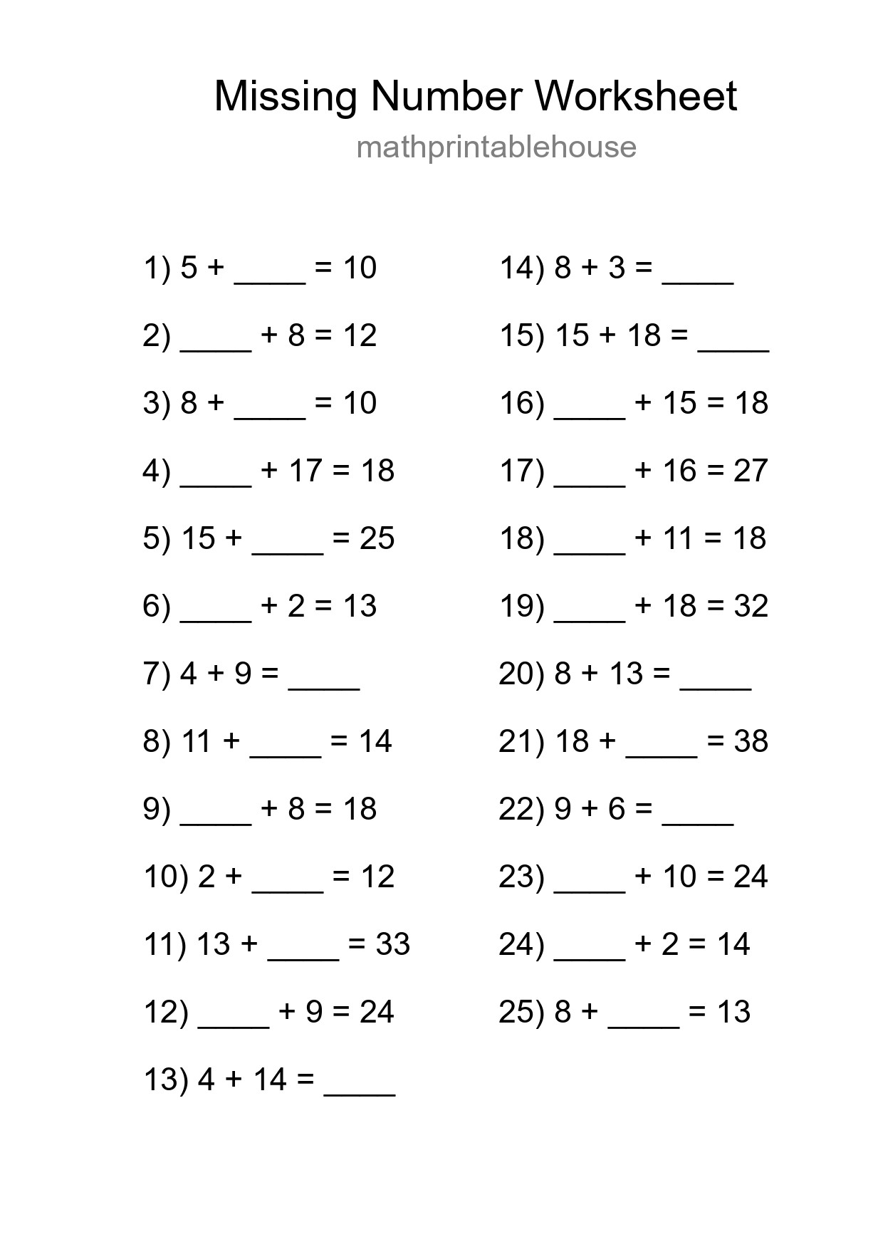 Missing Number Math Worksheet