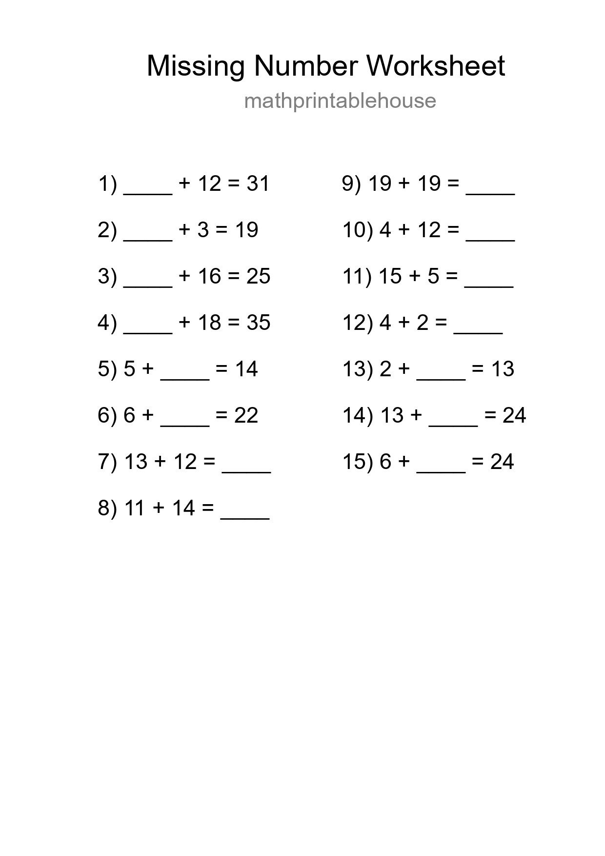 Missing Number Math Worksheet