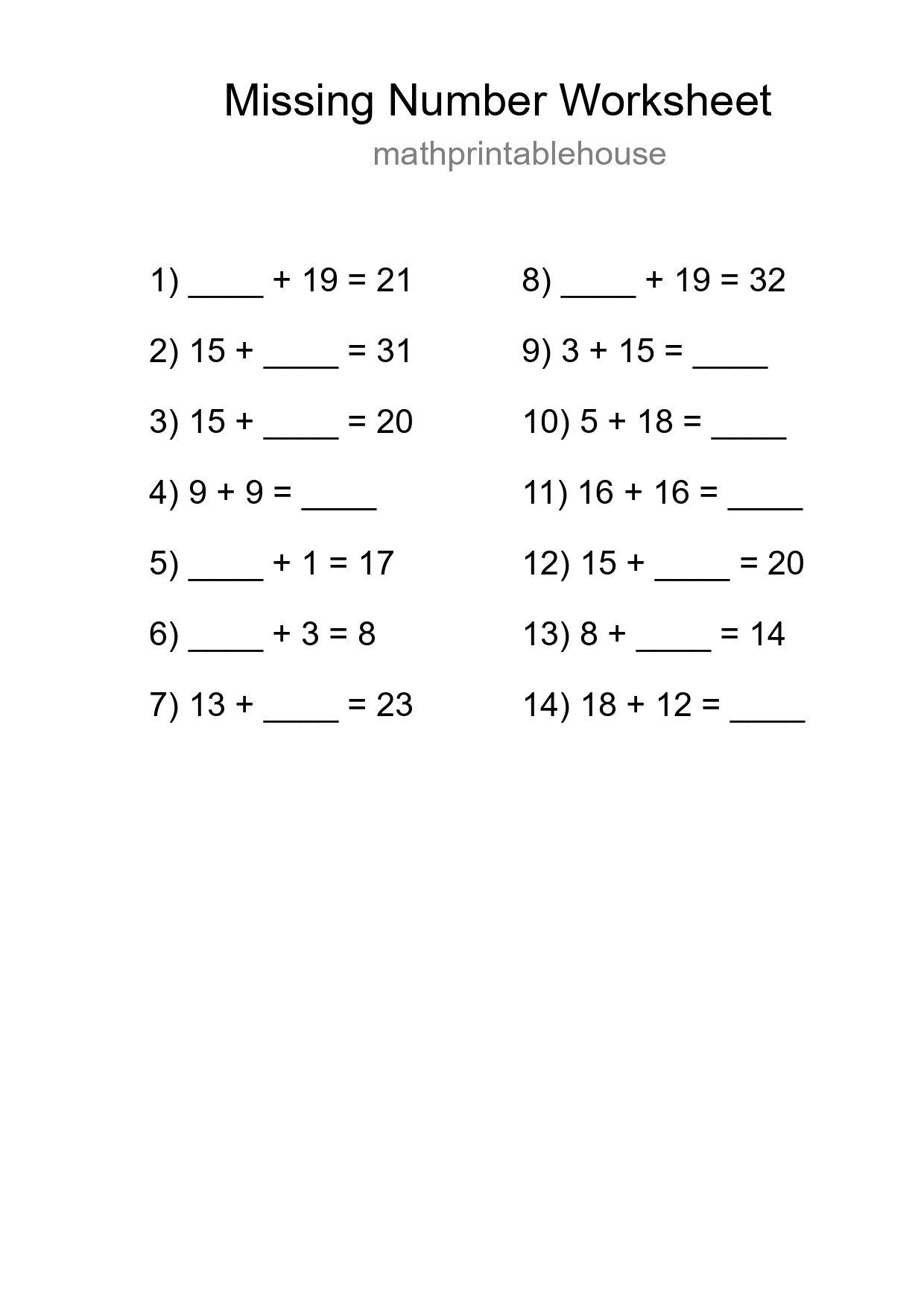 Missing Number Math Worksheet