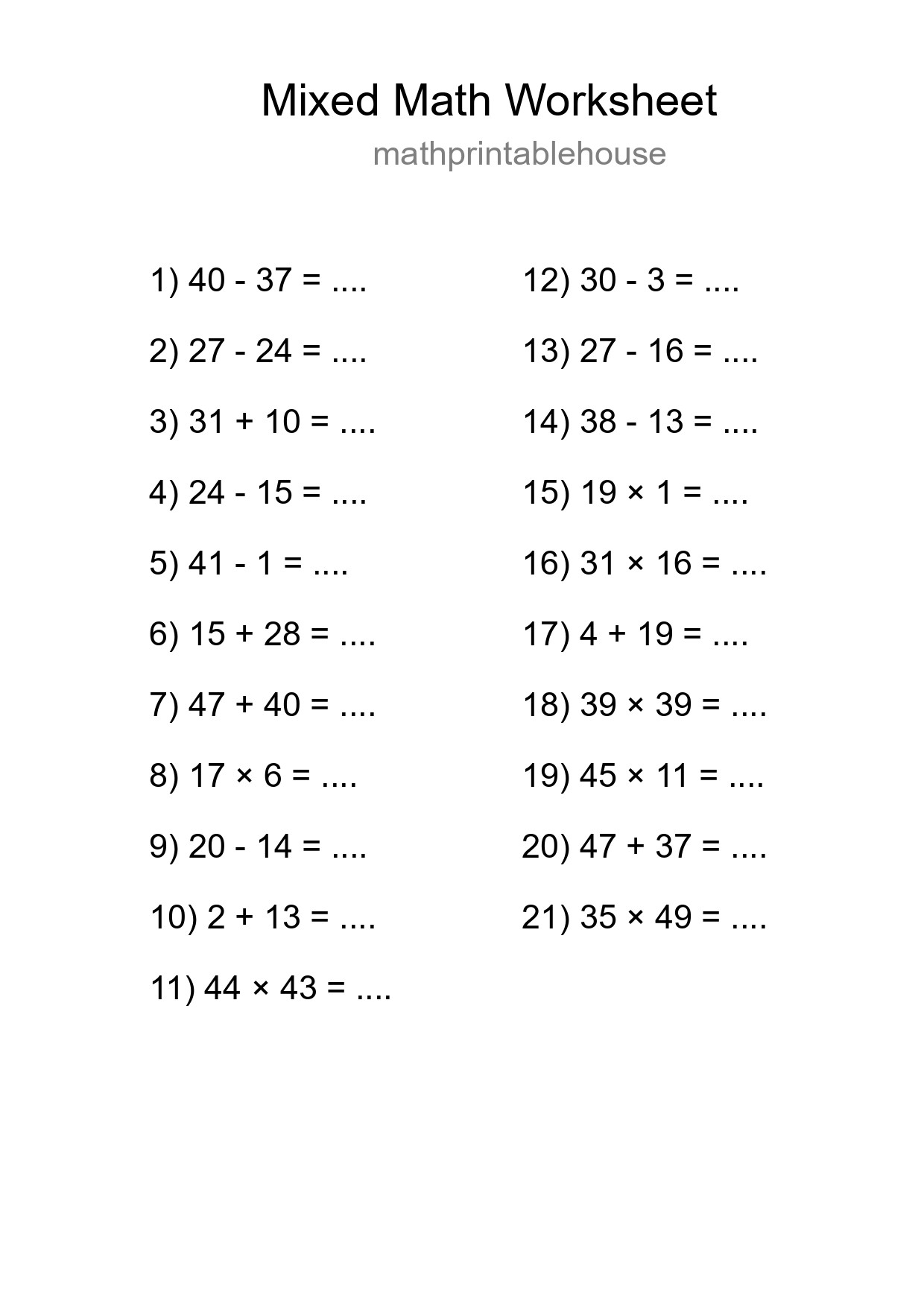 Mixed Operations Math Worksheet