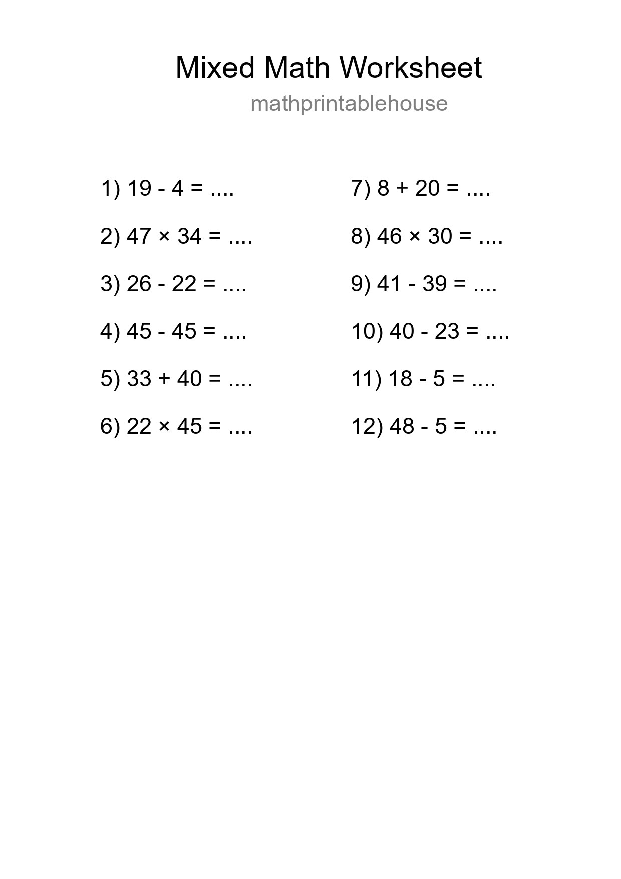 Mixed Operations Math Worksheet