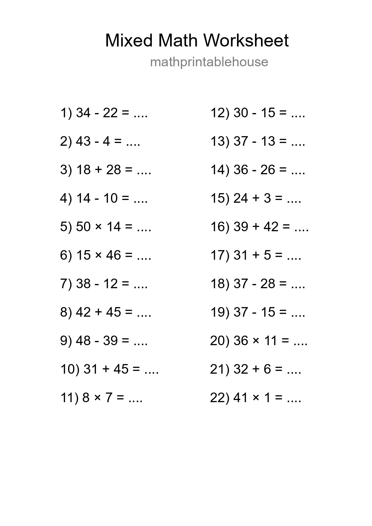 Mixed Operations Math Worksheet