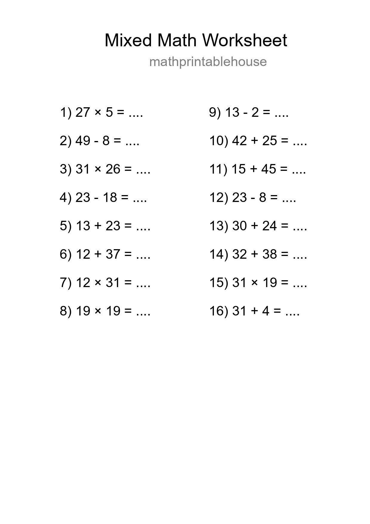 Mixed Operations Math Worksheet