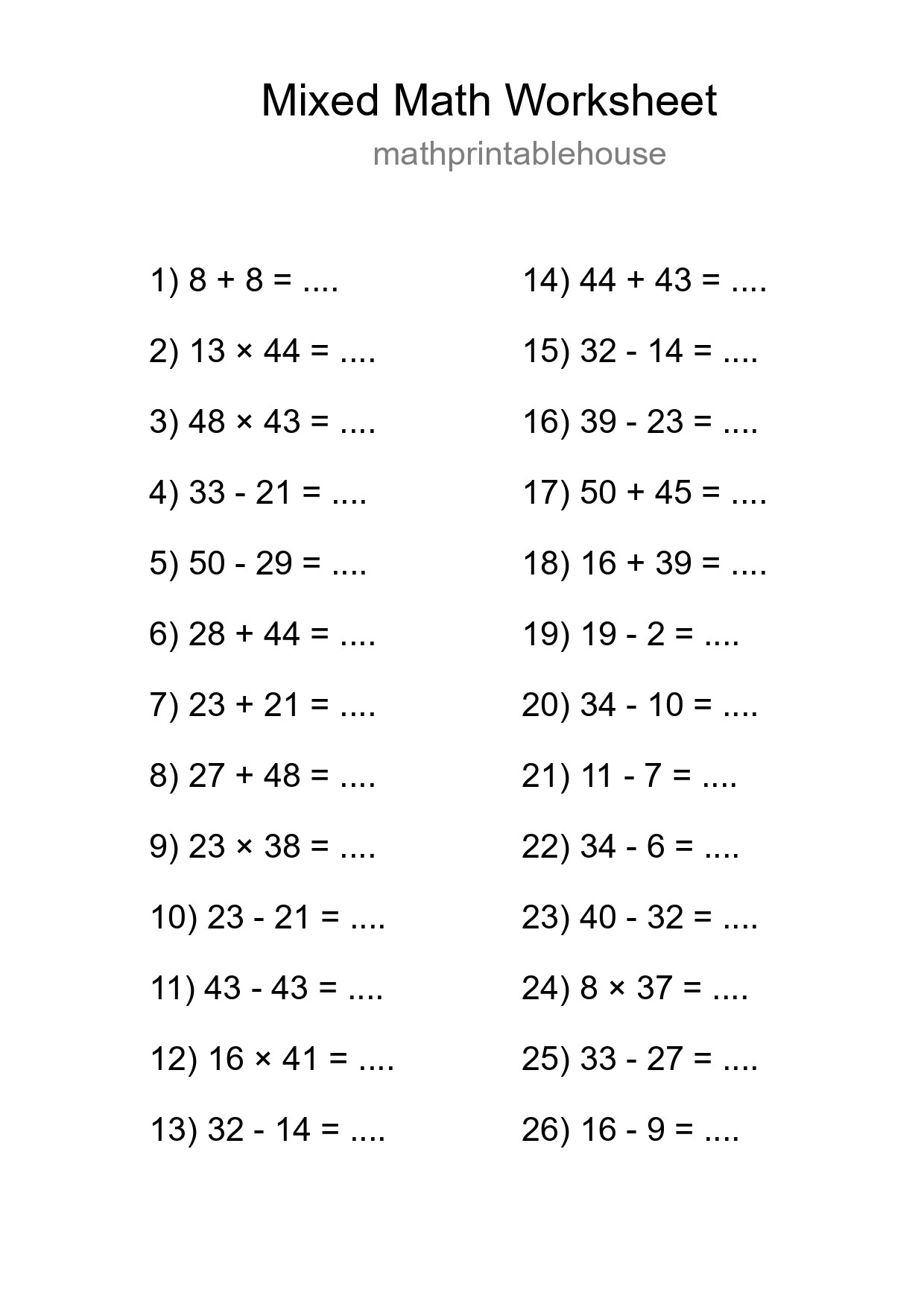 Mixed Operations Math Worksheet