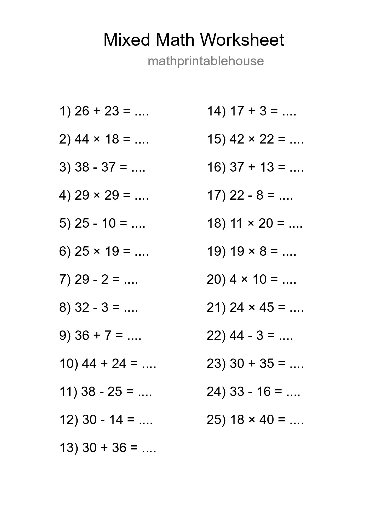 Mixed Operations Math Worksheet