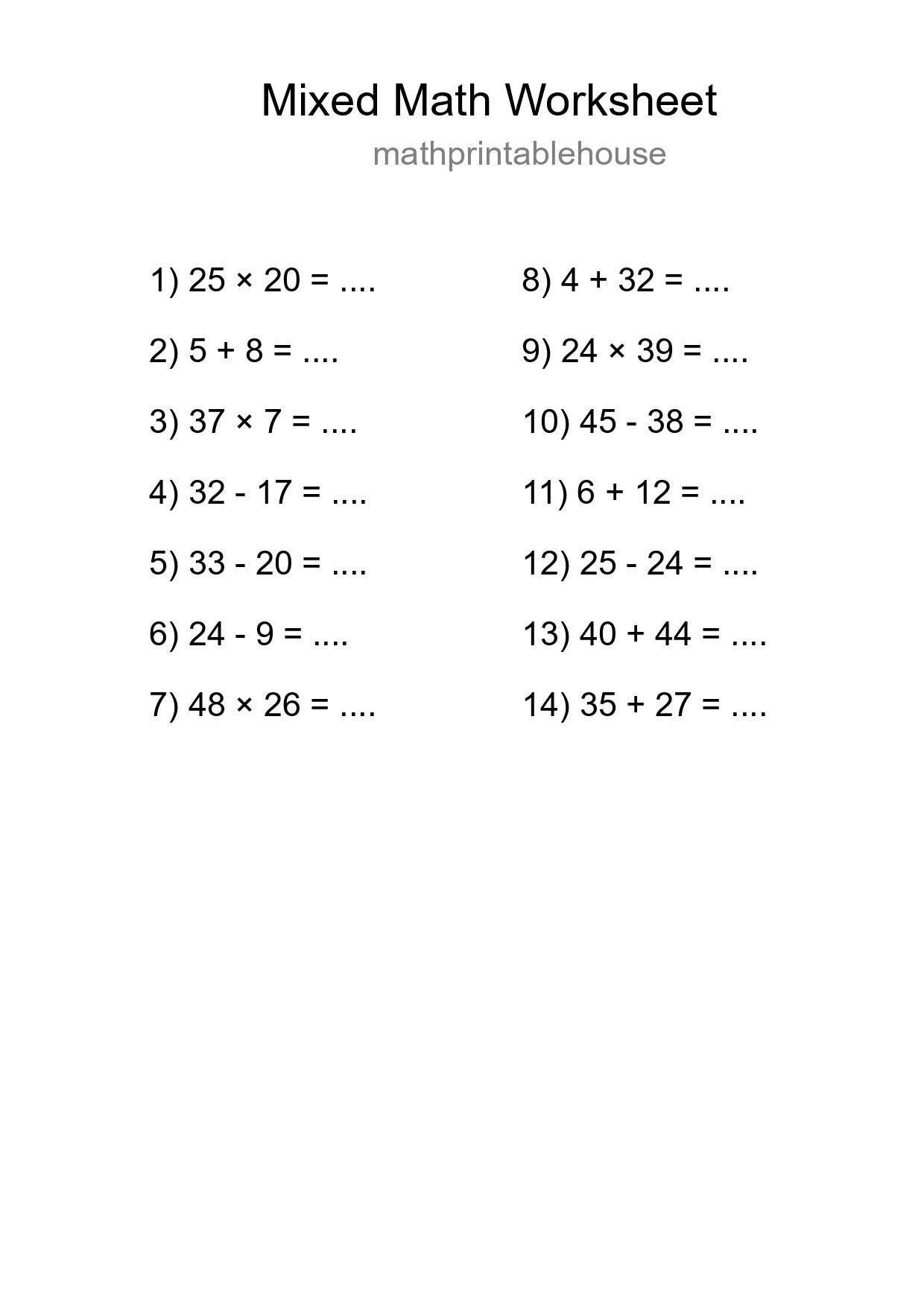 Mixed Operations Math Worksheet