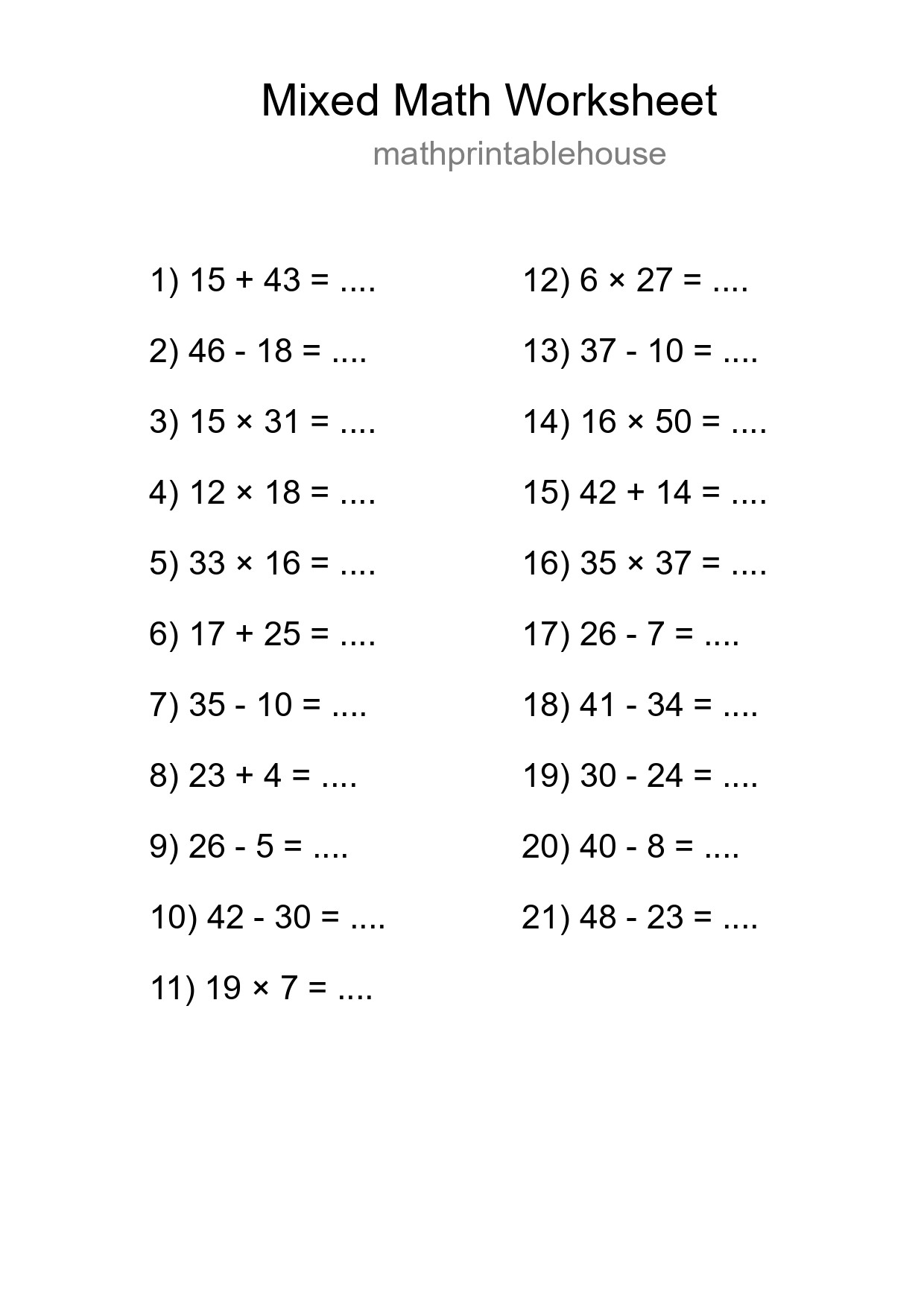 Mixed Operations Math Worksheet