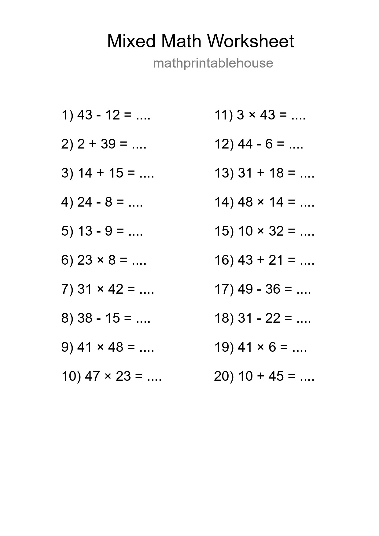 Mixed Operations Math Worksheet