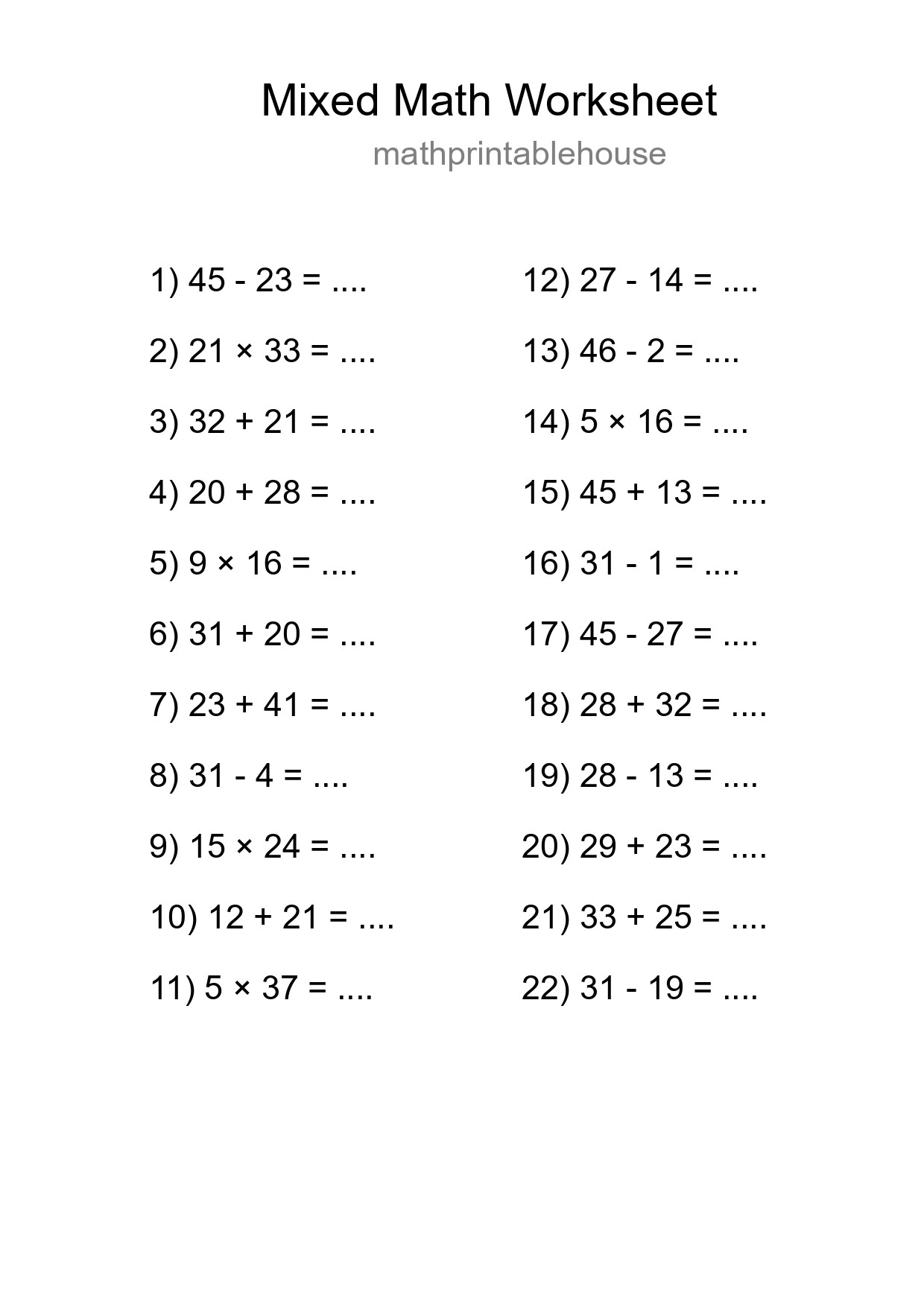 Mixed Operations Math Worksheet