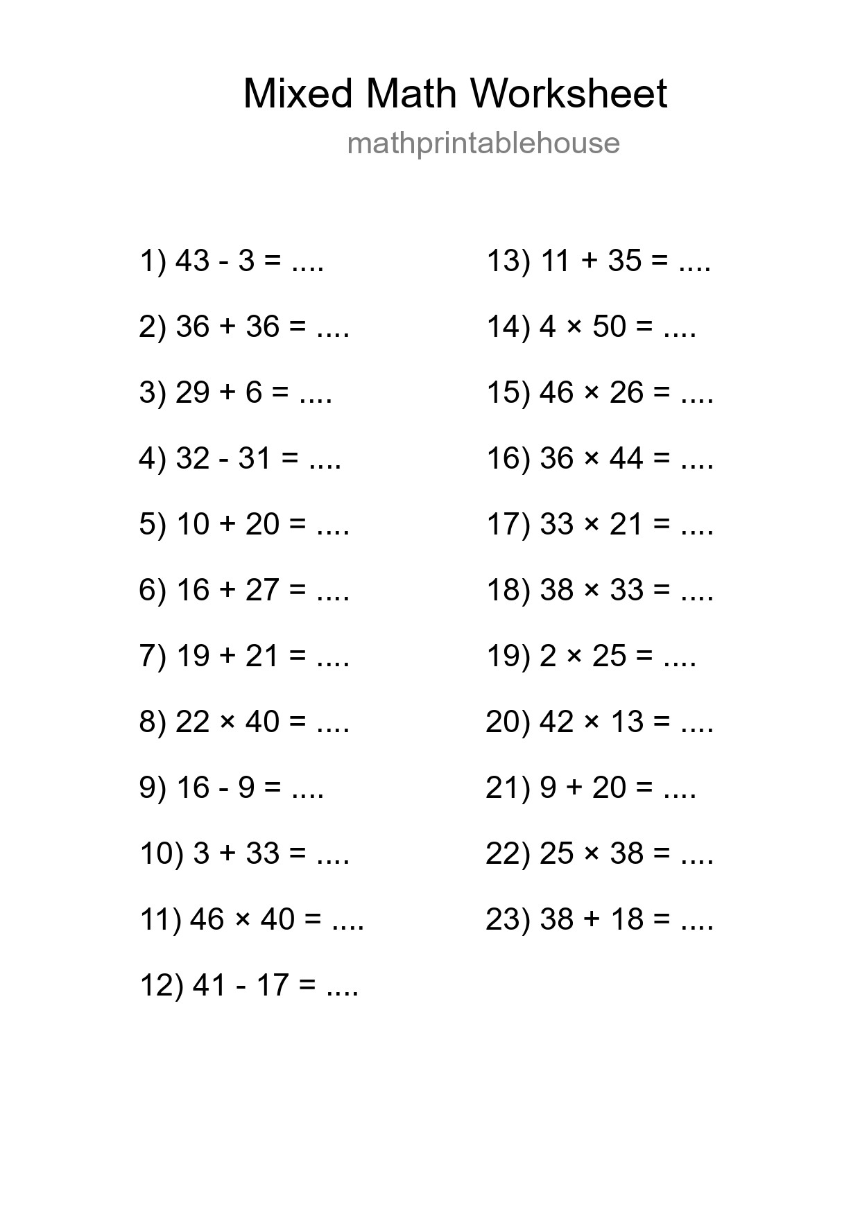 Mixed Operations Math Worksheet