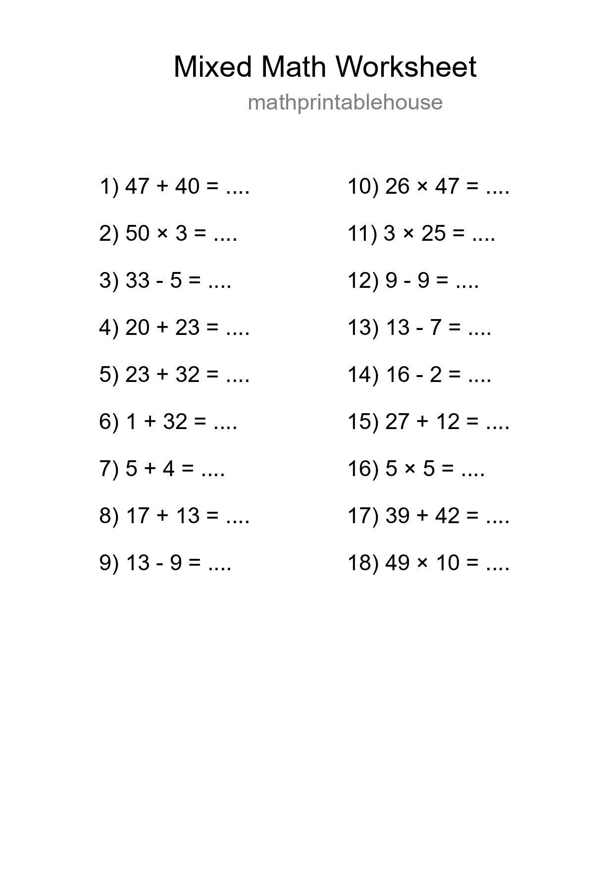 Mixed Operations Math Worksheet