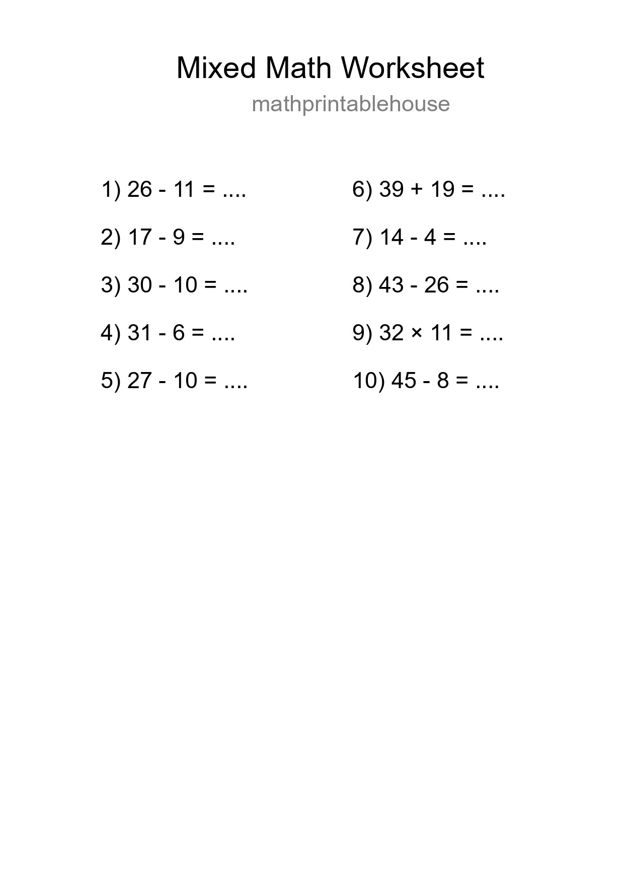 Mixed Operations Math Worksheet