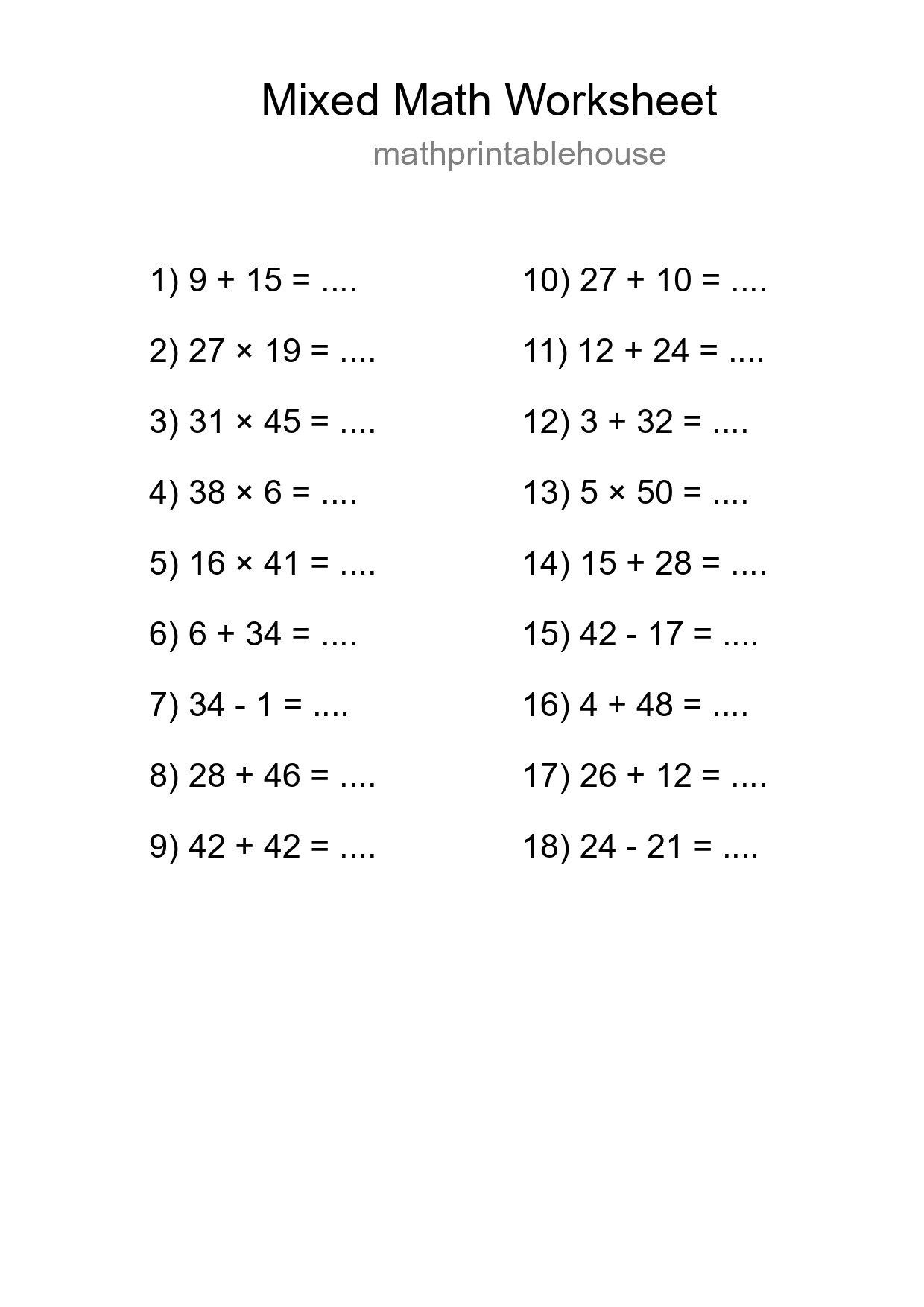 Mixed Operations Math Worksheet