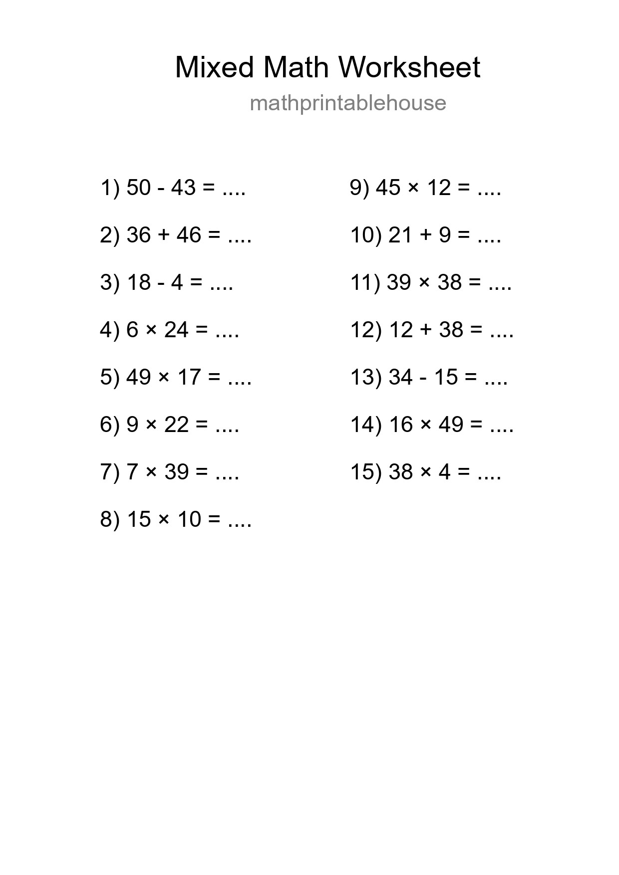Mixed Operations Math Worksheet