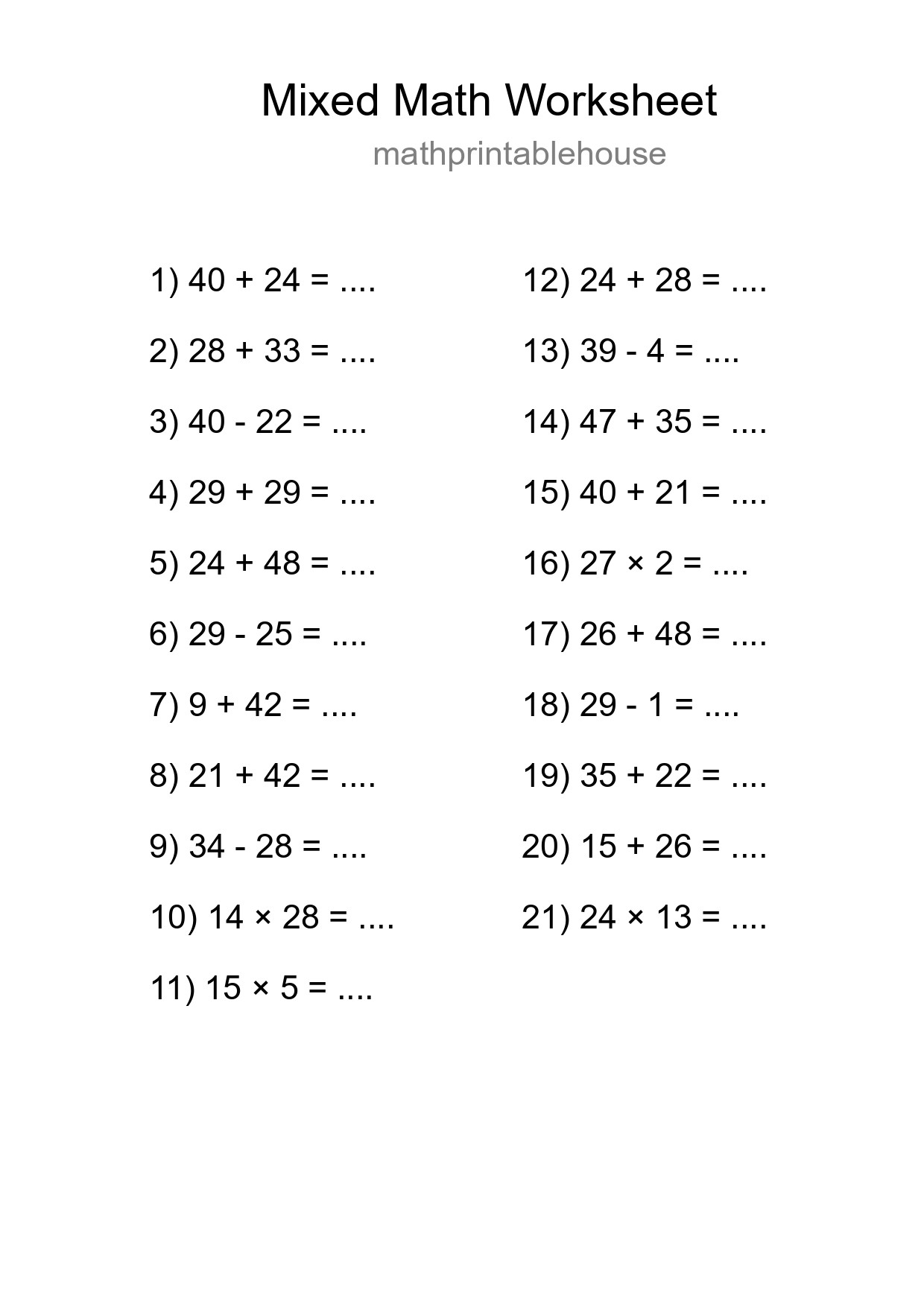 Mixed Operations Math Worksheet