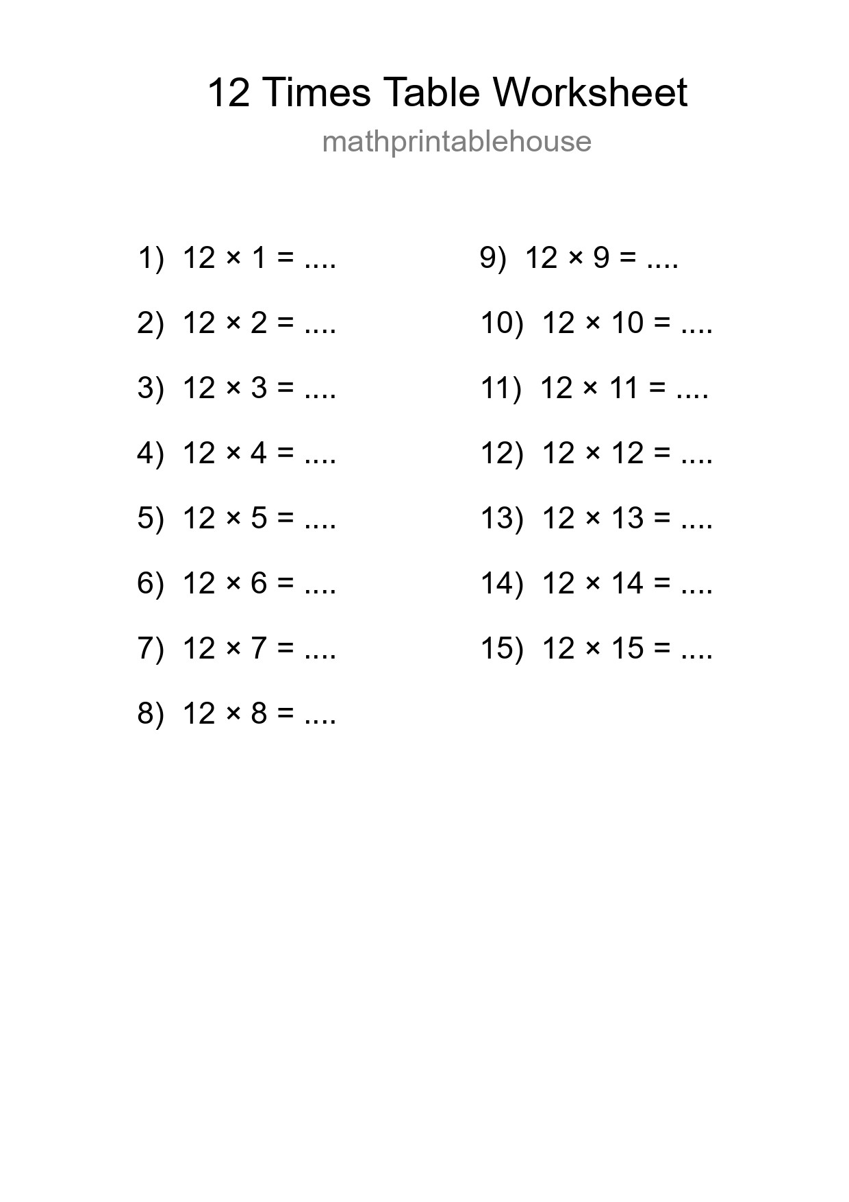 Printable 12 Times Table Worksheet For Grade 4 - Part 174