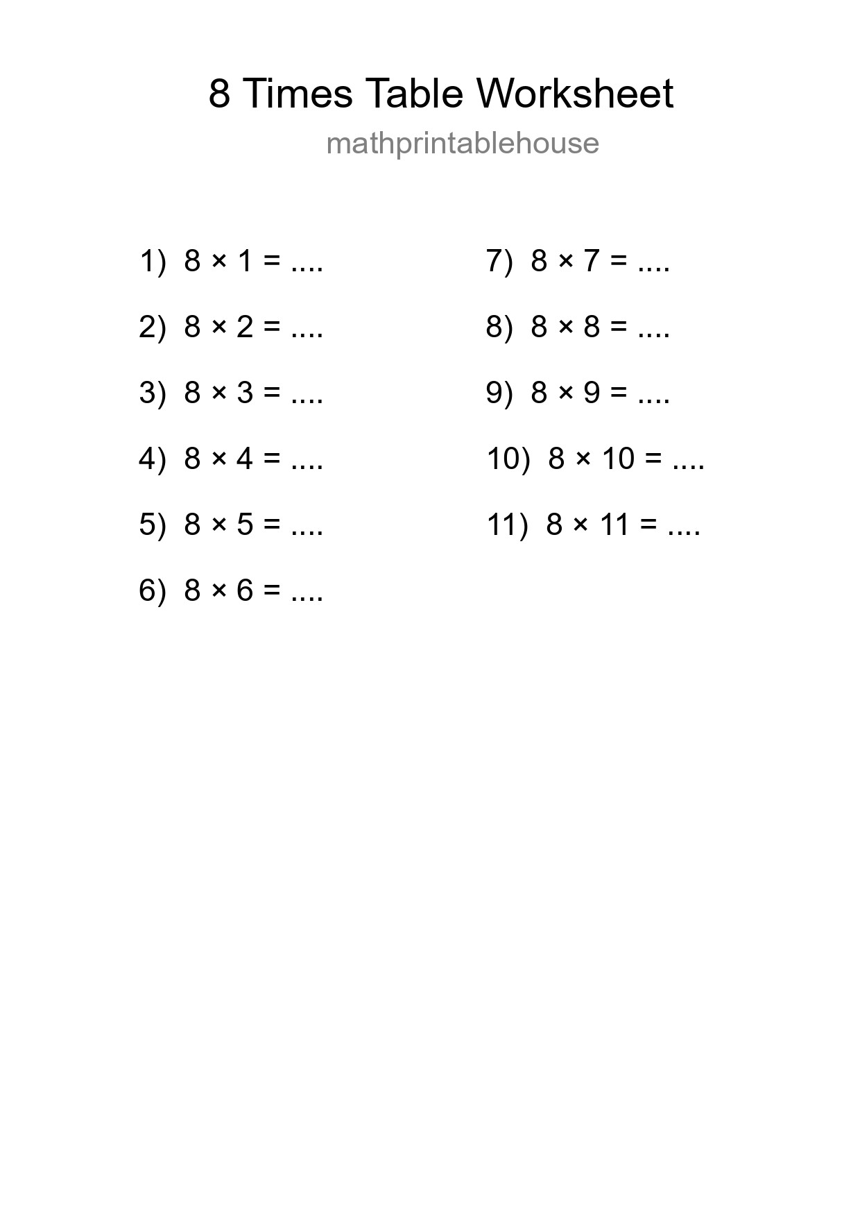 Printable 8 Times Table Worksheet For Grade 3 - Part 273