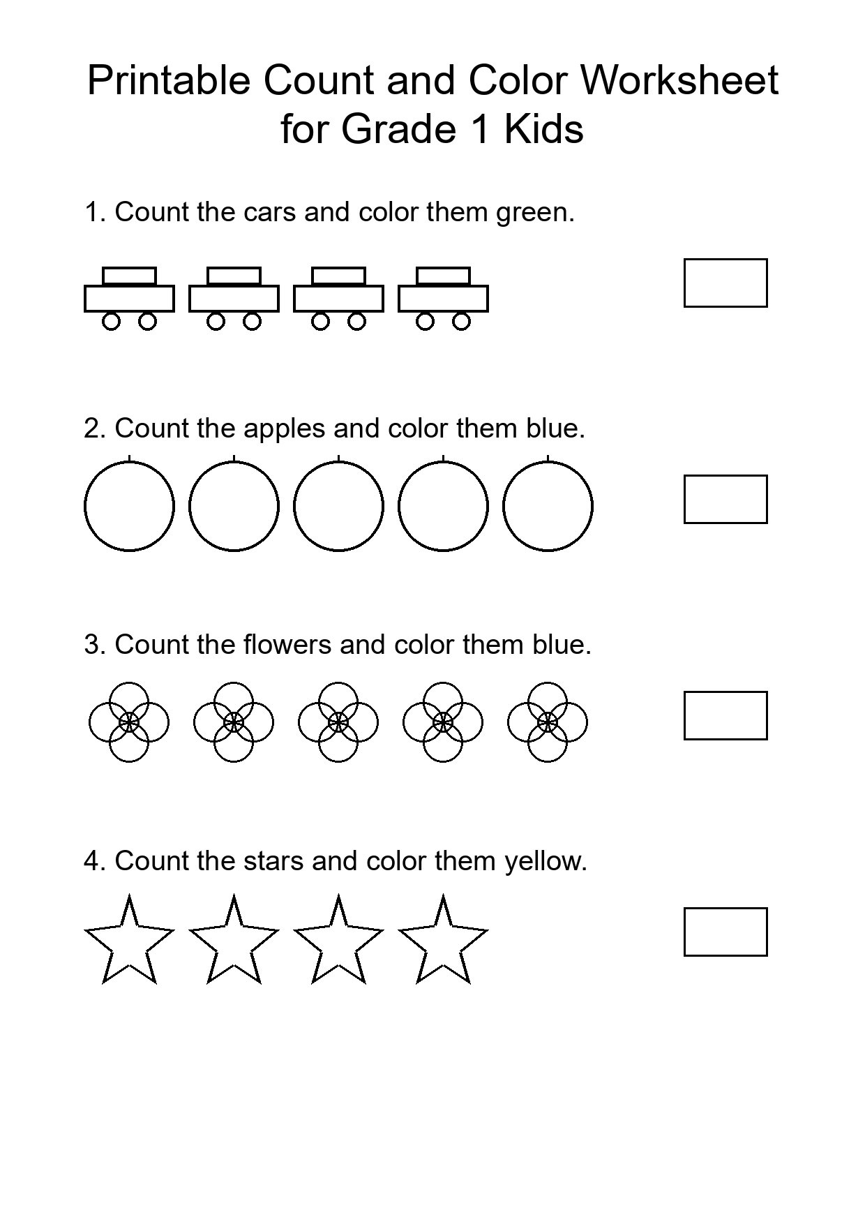 Printable Count and Color Worksheet for Grade 1 Kids