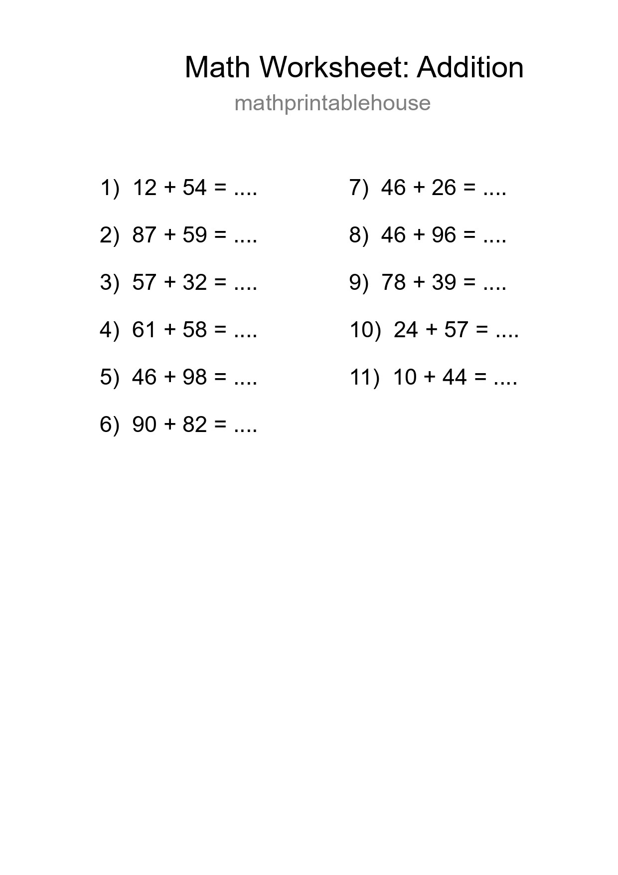 Printable Free 11 Addition Math Worksheet For Grade 3 - Part 89