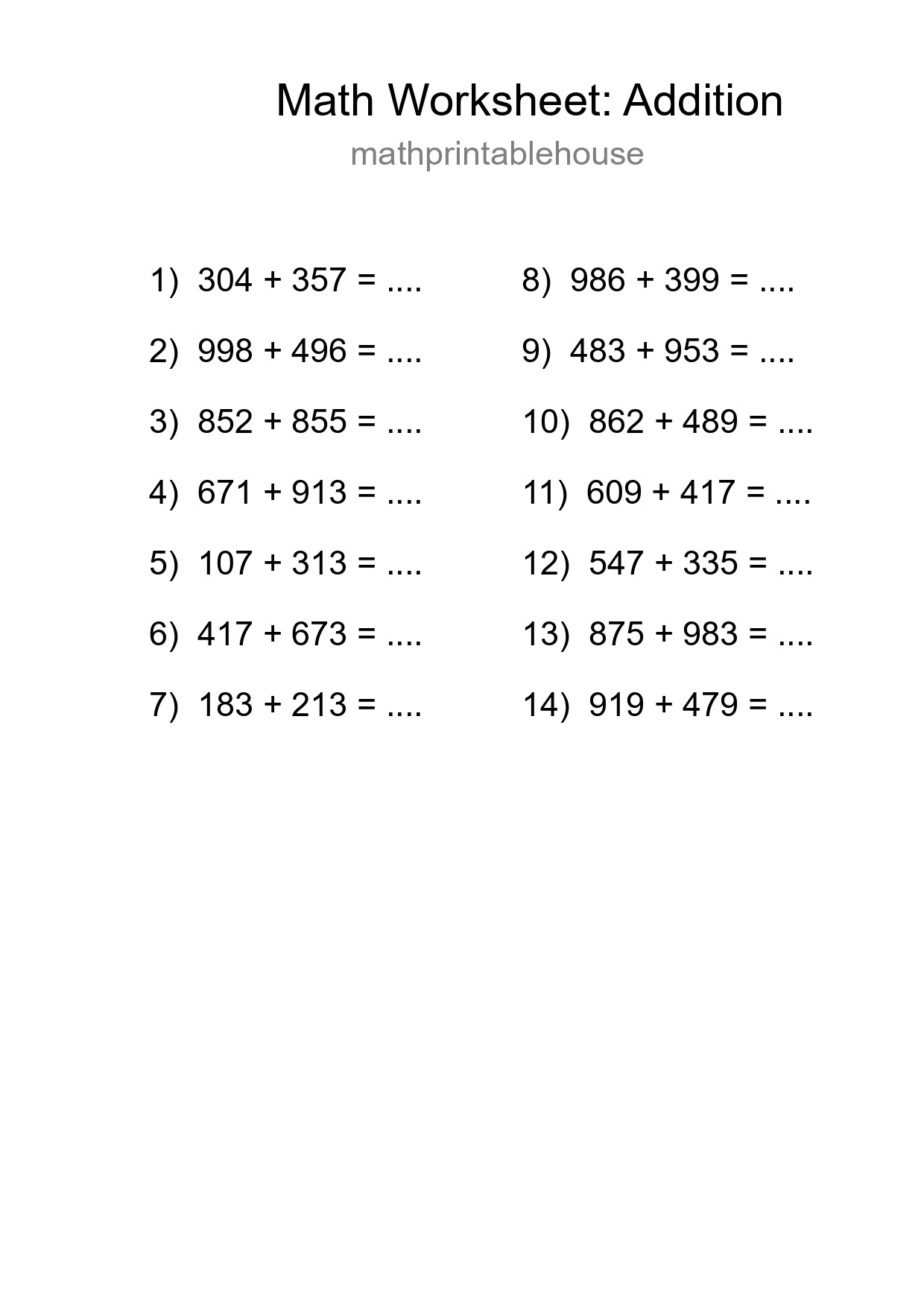 Printable Free 14 Addition Math Worksheet For Grade 5 - Part 177