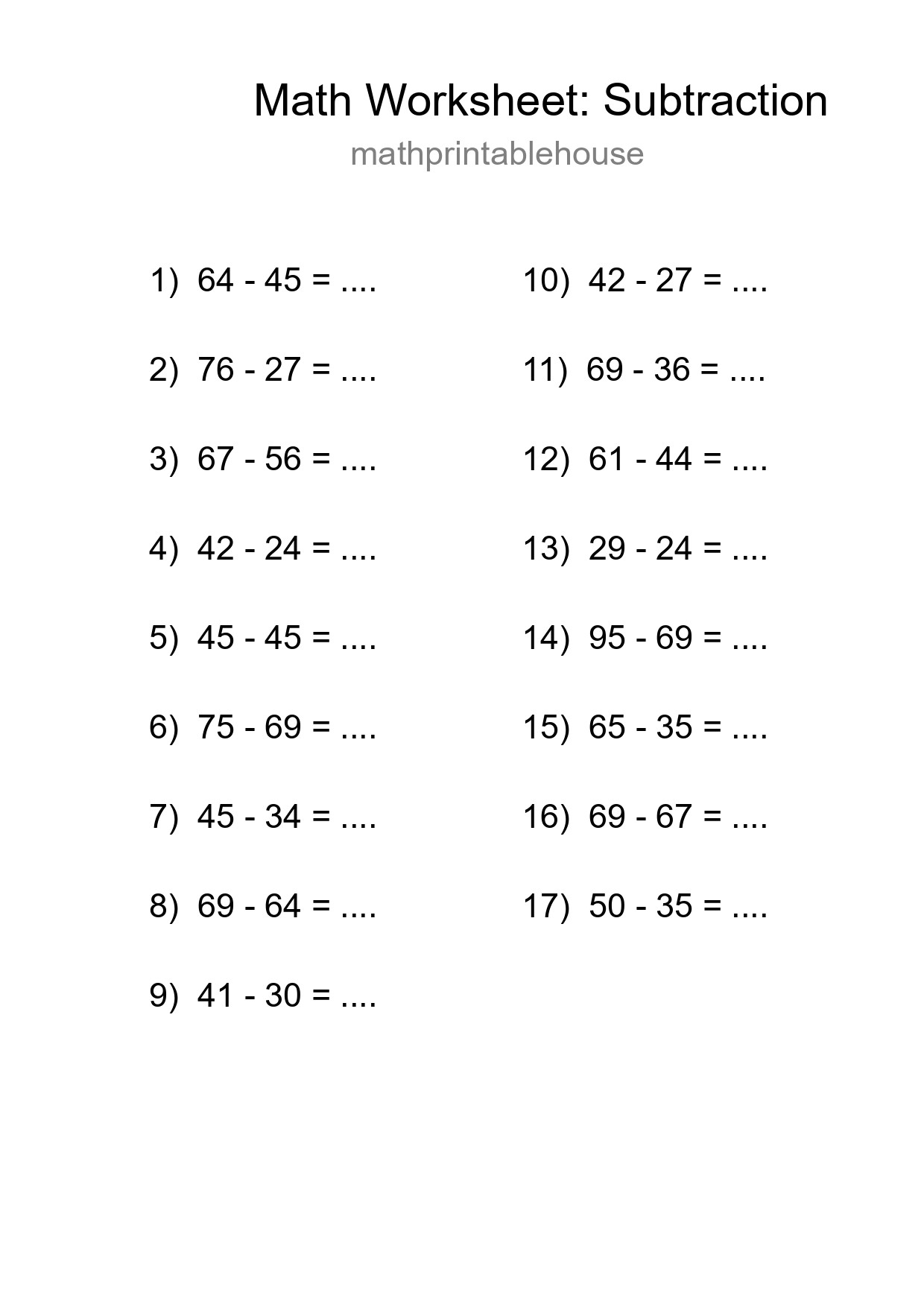 Printable Free 17 Subtraction Math Worksheet For Grade 3 - Part 239