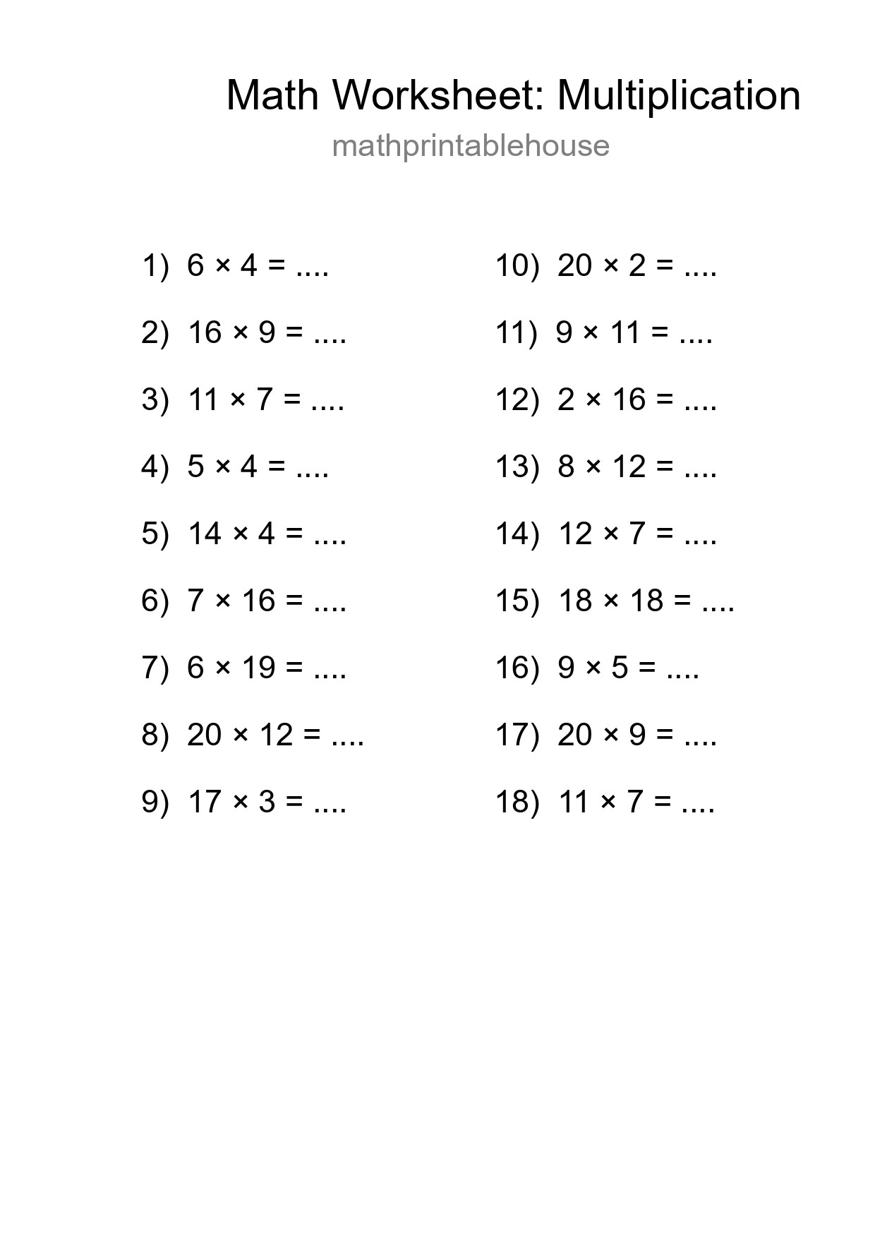 Printable Free 18 Multiplication Math Worksheet For Grade 2 - Part 205