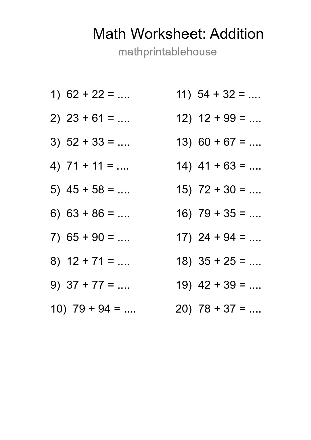 Printable Free 20 Addition Math Worksheet For Grade 3 - Part 298